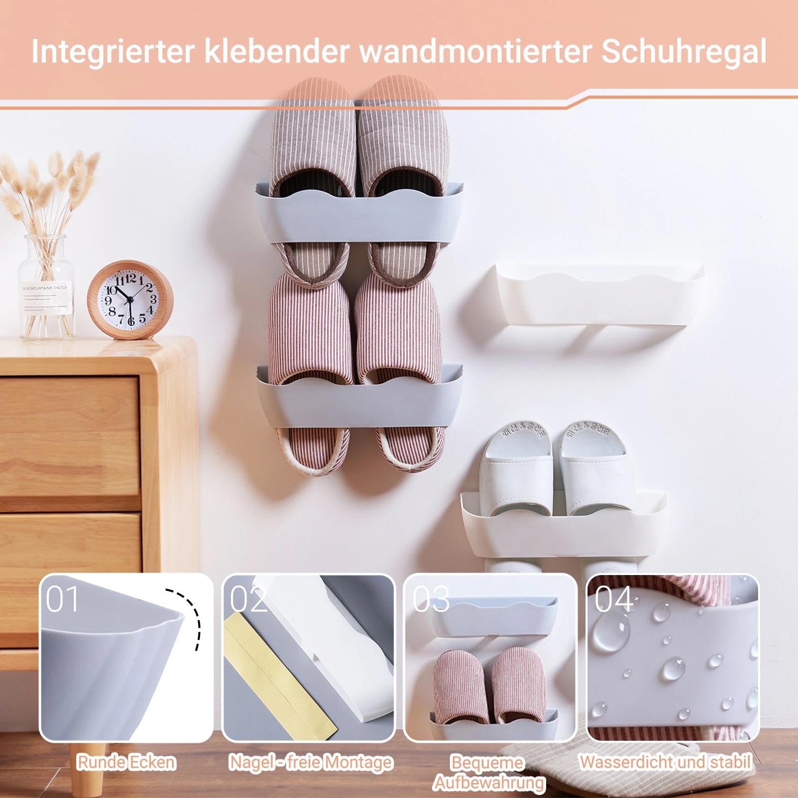 4 Stück Schuhregal Wand Wohnmobil, Schuhorganizer Camping Wandmontage, Wohnmobil Schuh Organizer, Schuhregal zur Wandmontage, für Camping, Kleiderschrank (Weiß, Grau)