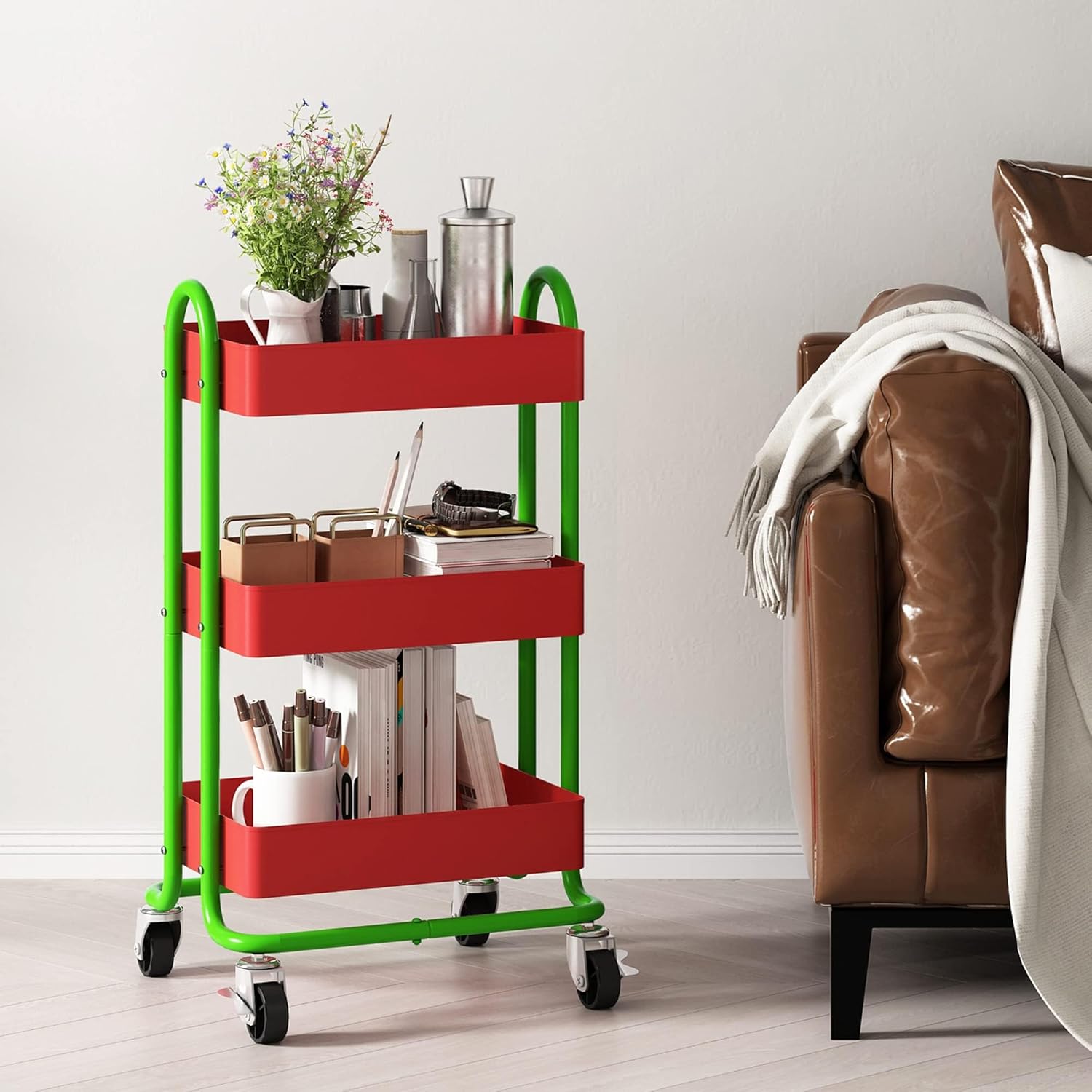 Metal Rolling Cart,3-Tier Metal Rolling Cart with Wheels,3 Tier Utility Cart with Wheels for Office,Home,Kitchen,Garden（13.4"x18.1"x31"） Red+Green
