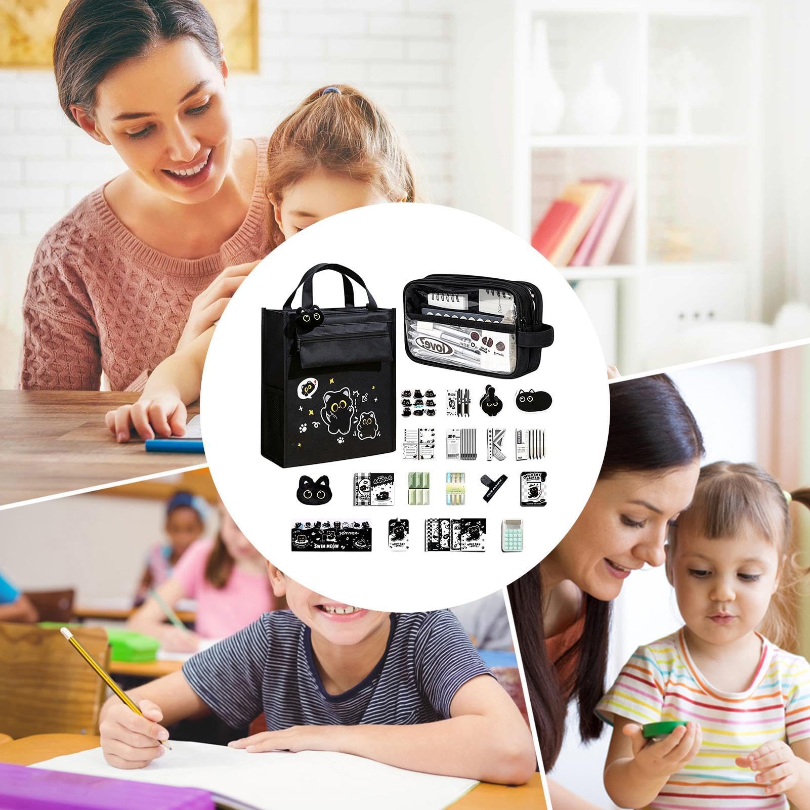 Set Di Cancelleria Kawaii Kit Organizer Studente Gatto Nero Cartoon | Kit Penne Gel Scuola Per Ragazzi Ragazze Adolescenti Insegnanti Donne Casa Aula Dormitorio Università Biblioteca Ufficio