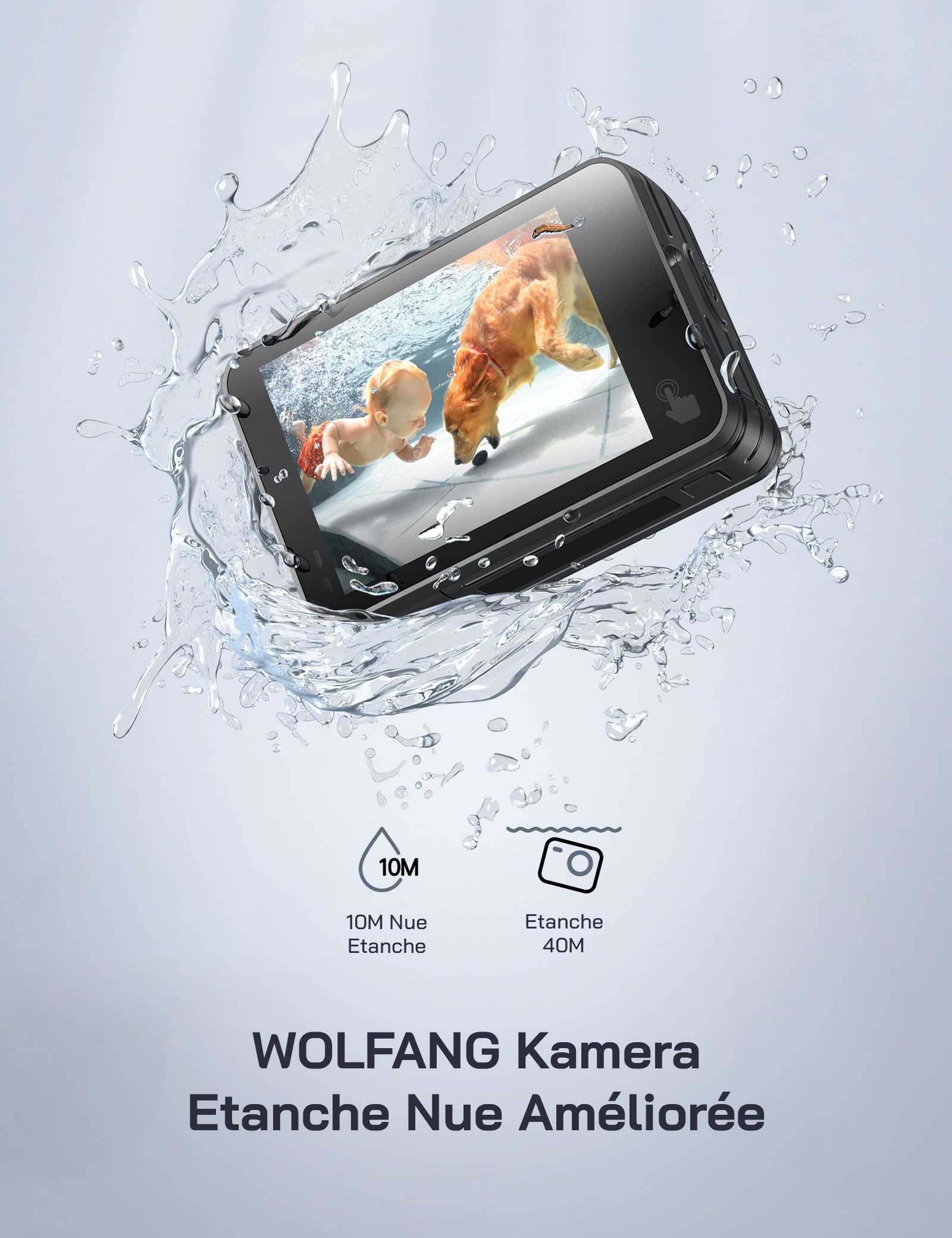 WOLFANG 4K 60FPS Caméra Sport GA400, 20MP WiFi 8M Corps Etanche Action Camera, 40M Sous-Marine Ultra HD 170 °Grand Angle, Sac à Main, EIS, Télécommande 2x1350mAhBatteries et Kit d'accessoires