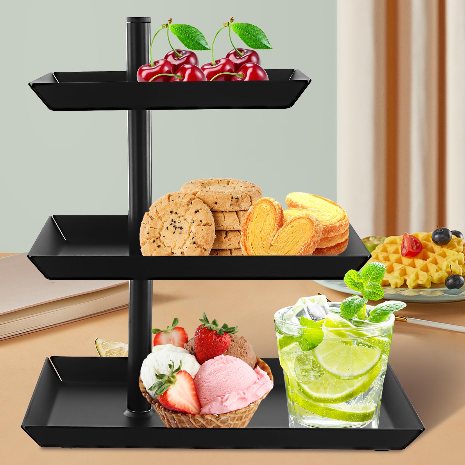 2 pezzi Porta Frutta a 3 Piani, Vassoio rettangolare in metallo, nero, 3 ripiani, per feste, dessert, biscotti, frutta, torte, pasticcini