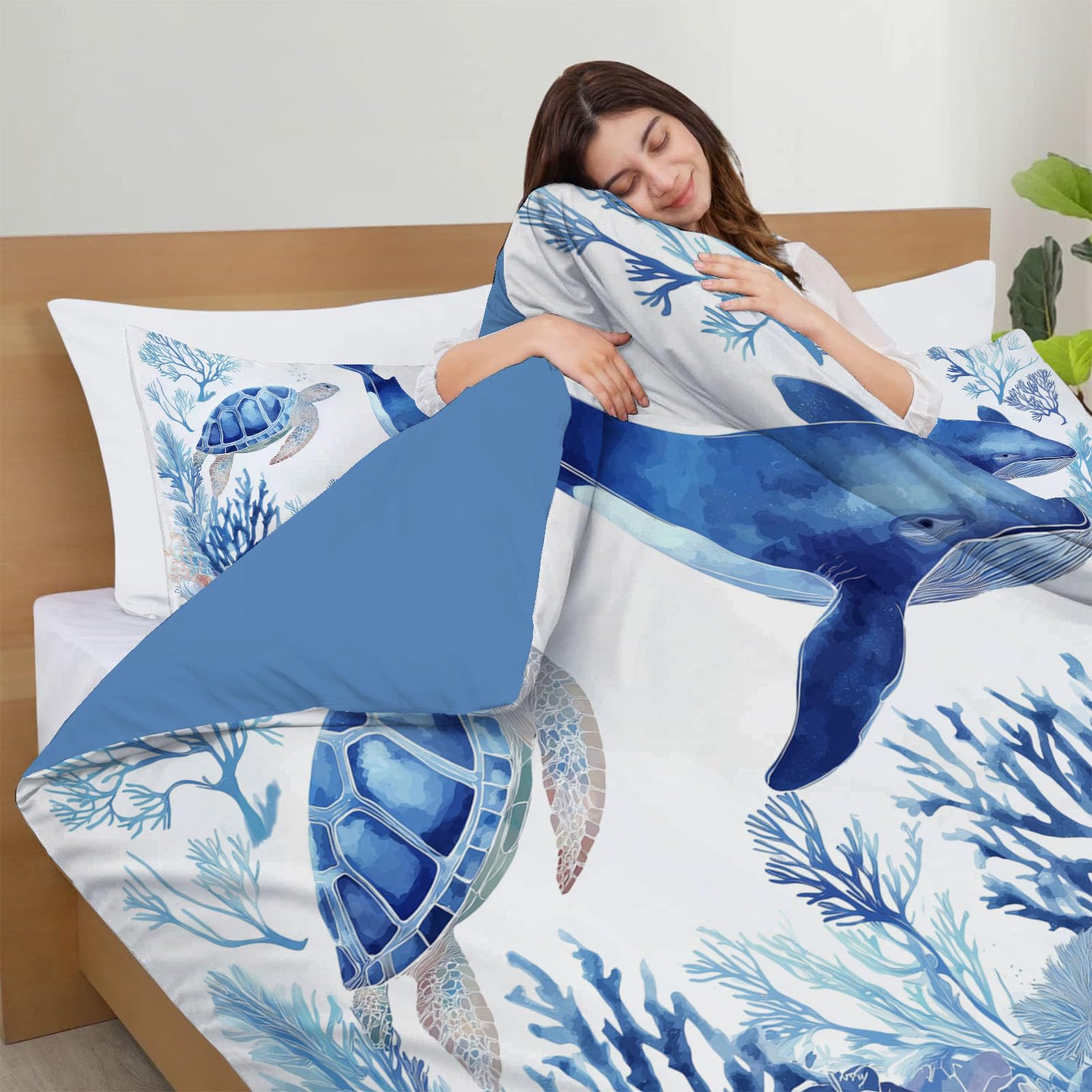 Edredón Azul Invierno Nórdico 200x200 cm, Edredón Tortugas Marinas Ballenas Tacto Suave y Confortable de Microfibra 200g/m2, Edredónes Acuarela Estilo Océano Diseño Reversible con 2 Fundas de Almohada