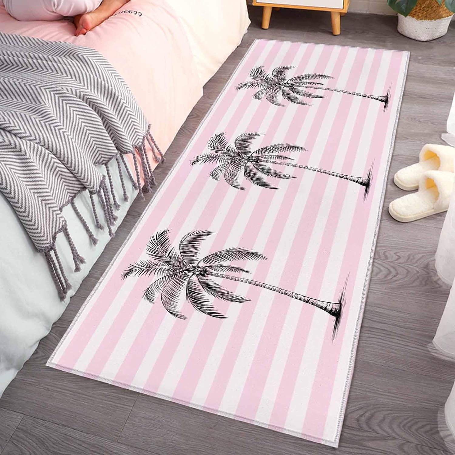 Teamery Kitchen Mats for Floor Summer Coastal Tropical Palm Tree Washable Non Slip Kitchen Rugs 1PCS, Abstract Pink Stripes Absorbent Standing Mats for Sink Bathroom Office Living Room 23.6x70.9in