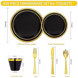 WELLIFE 450 PCS Black and Gold Disposable Dinnerware Set for 75 Guests, Plastic Plates for Party, Gold rimmed Dinner Salad Plates,Cups,Silverware Set for Halloween Party and Celebration