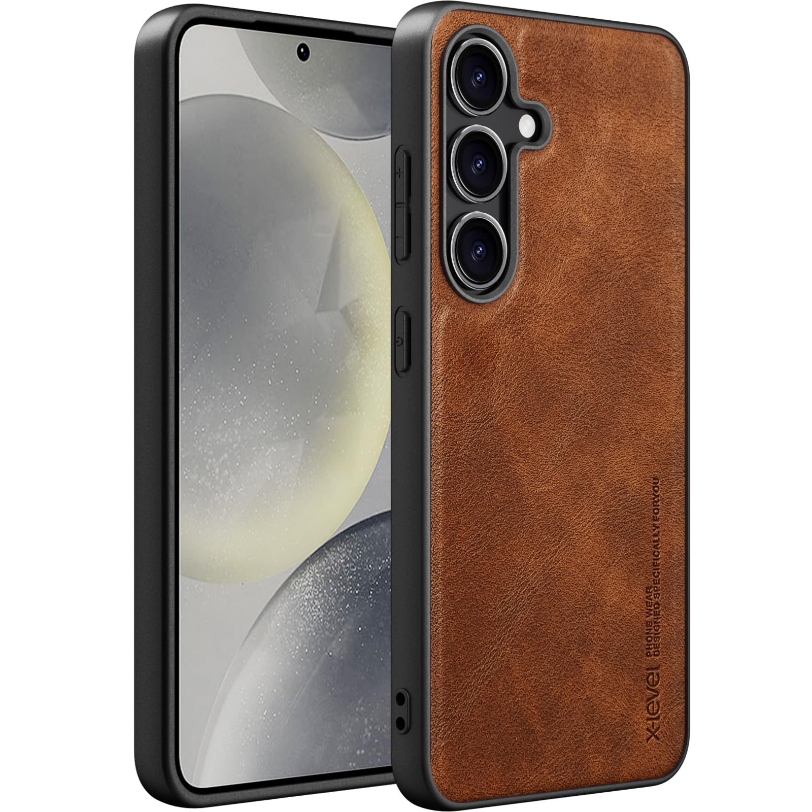 X-level PU Leather Case for Samsung Galaxy S25, Shockproof, Non-Slip, Brown | Premium PU leather case with soft bumper, hard back, slim fit, non-slip