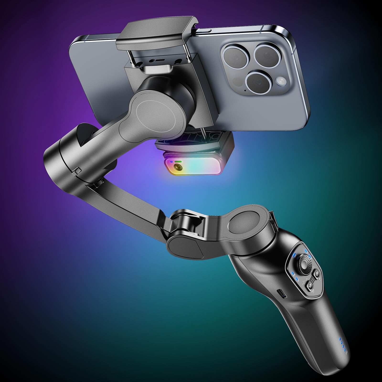 Estabilizador de cardán para smartphone de 3 ejes con seguimiento de IA y luz de relleno RGB, rueda de enfoque plegable, cardán para iPhone y Android