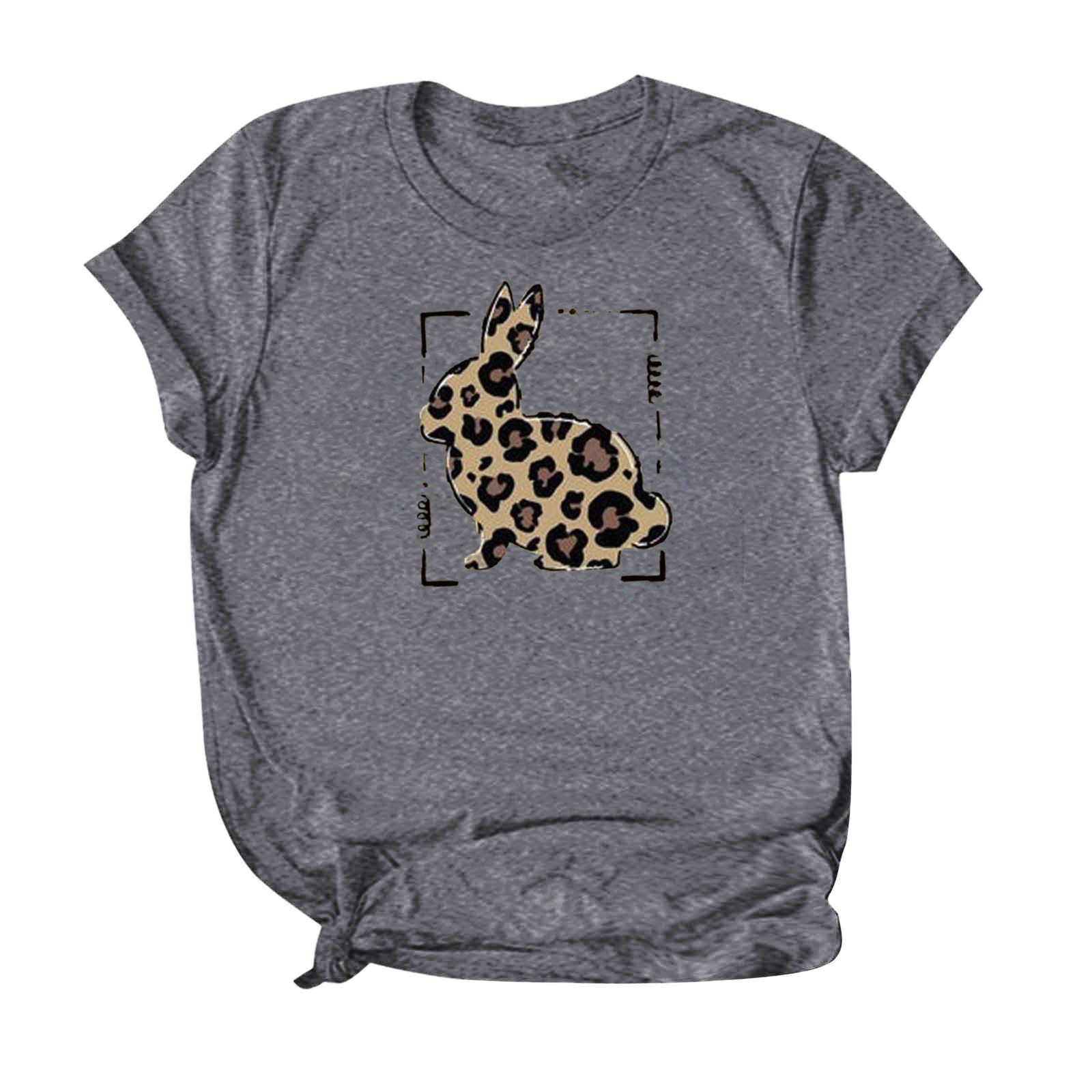 Easter Sunday Shirt for Women, Plaid Leopard Rabbit T-Shirt Printed Short Sleeve Tee Tops Blouse