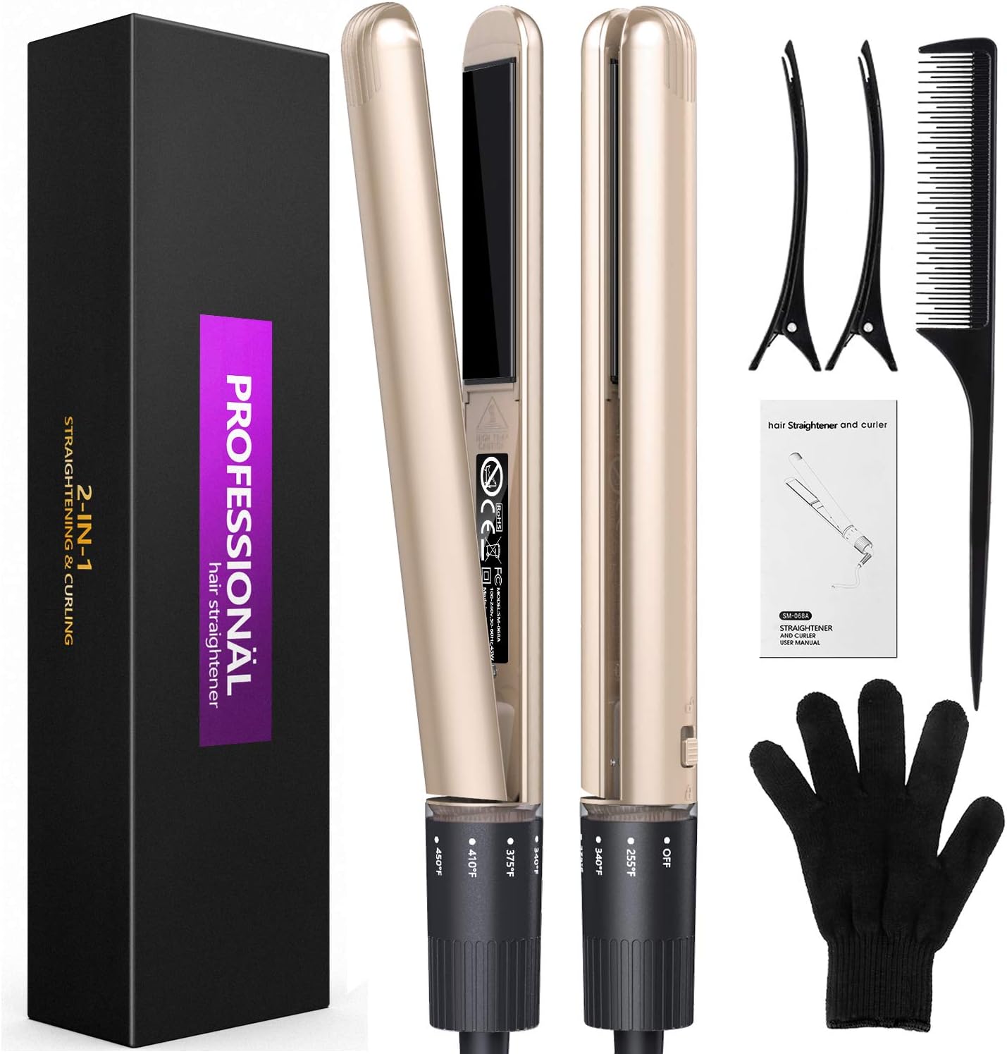 Flat Iron for Hair, GOOLEEN Professional 1 Inch Ceramic Tourmaline Hair Straightener, 2 in 1 Hair Curler and Straightener with 3D Floating Plates Dual Voltage Adjustable Temperature 255-450°F (Gold)