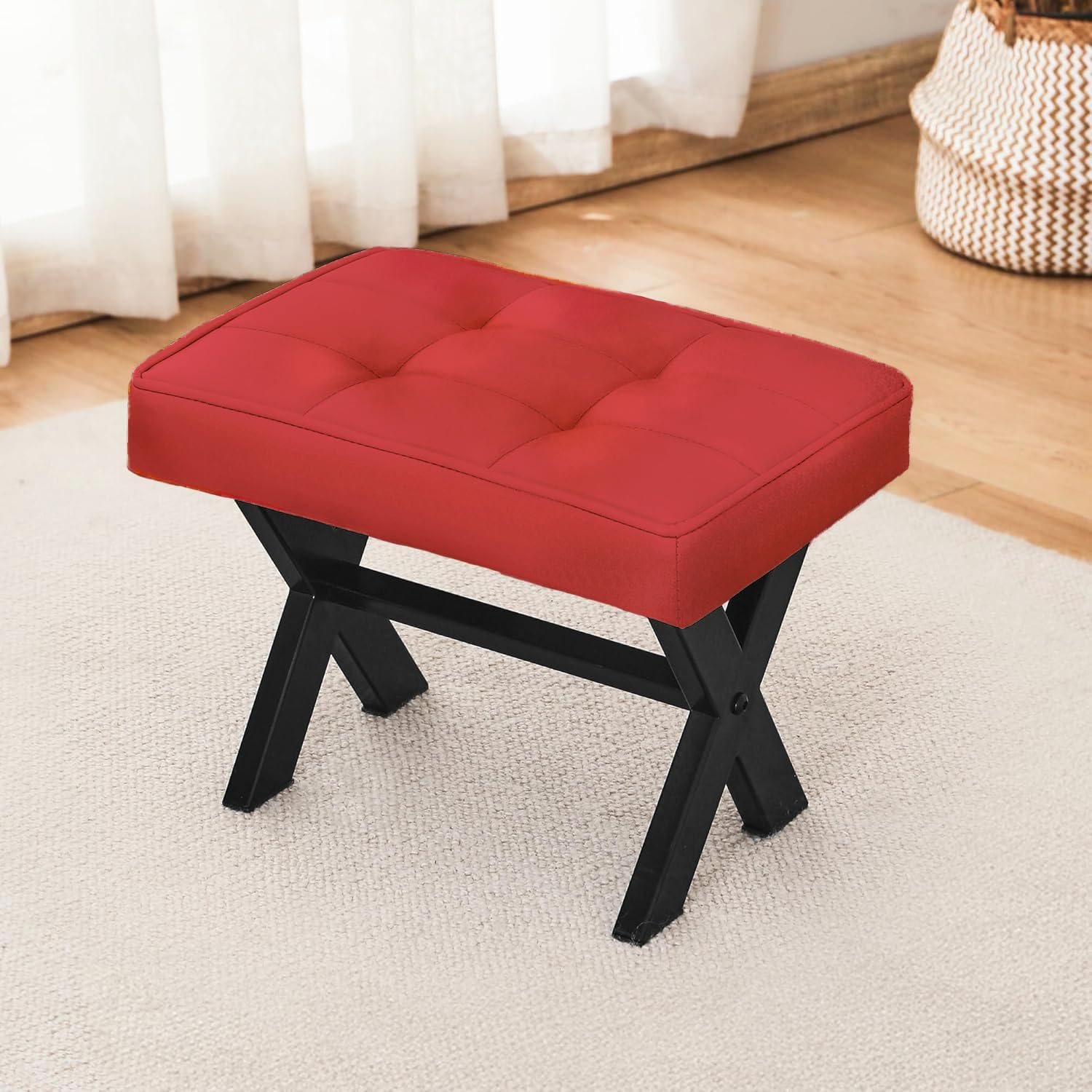 WellHouze Ottoman Foot Stool Vanity Stool Square Velvet Foot Rest Makeup Stool Small Chair for Vanity Modern Padded Seating Stool for Makeup Room Living Room Bedroom Office RED-image-36