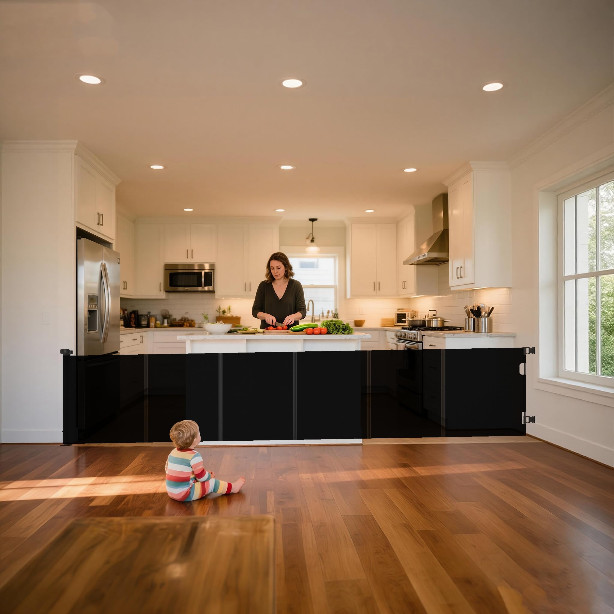 NurturaNook Retractable Baby Gate,Mesh Baby Gate or Mesh Dog Gate,34" Tall,Extends up to 120" Wide,Child Safety Gate for Doorways, Stairs, Hallways,