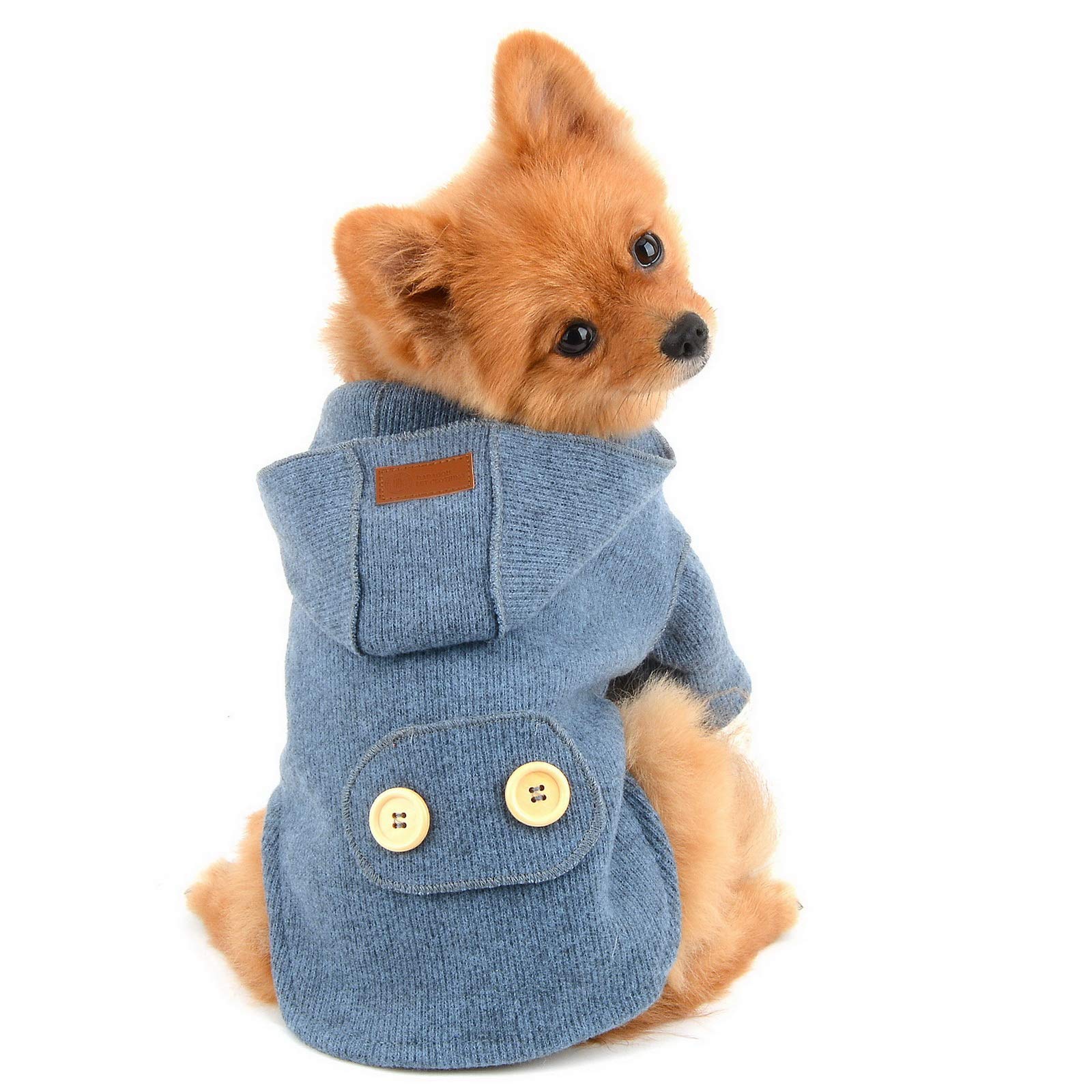 PAIDEFUL Pet Sweater Coat for Small Dogs Girl Boy Hooded Button Down Outerwear Warm Knit Hoodie Jacket Autumn Winter Dog Clothes for Puppy Chihuahua Yorkie,Blue,Size L