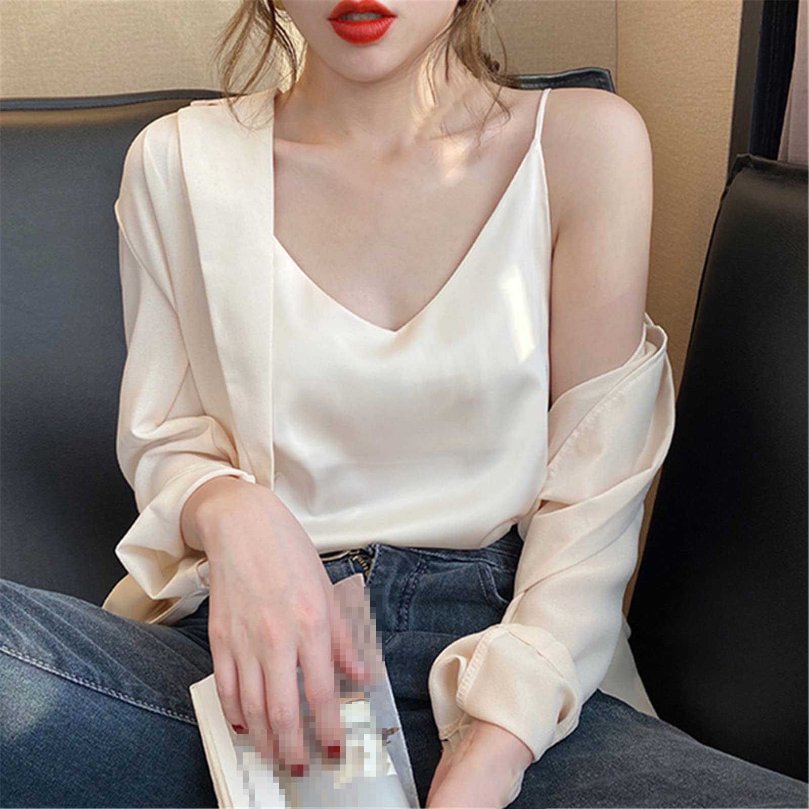Las mujeres de seda coreana Tops Camis satén chaleco Top moda señora V-cuello Camis mujeres sin mangas blanco Tops Sexy Halter Top, granate, L
