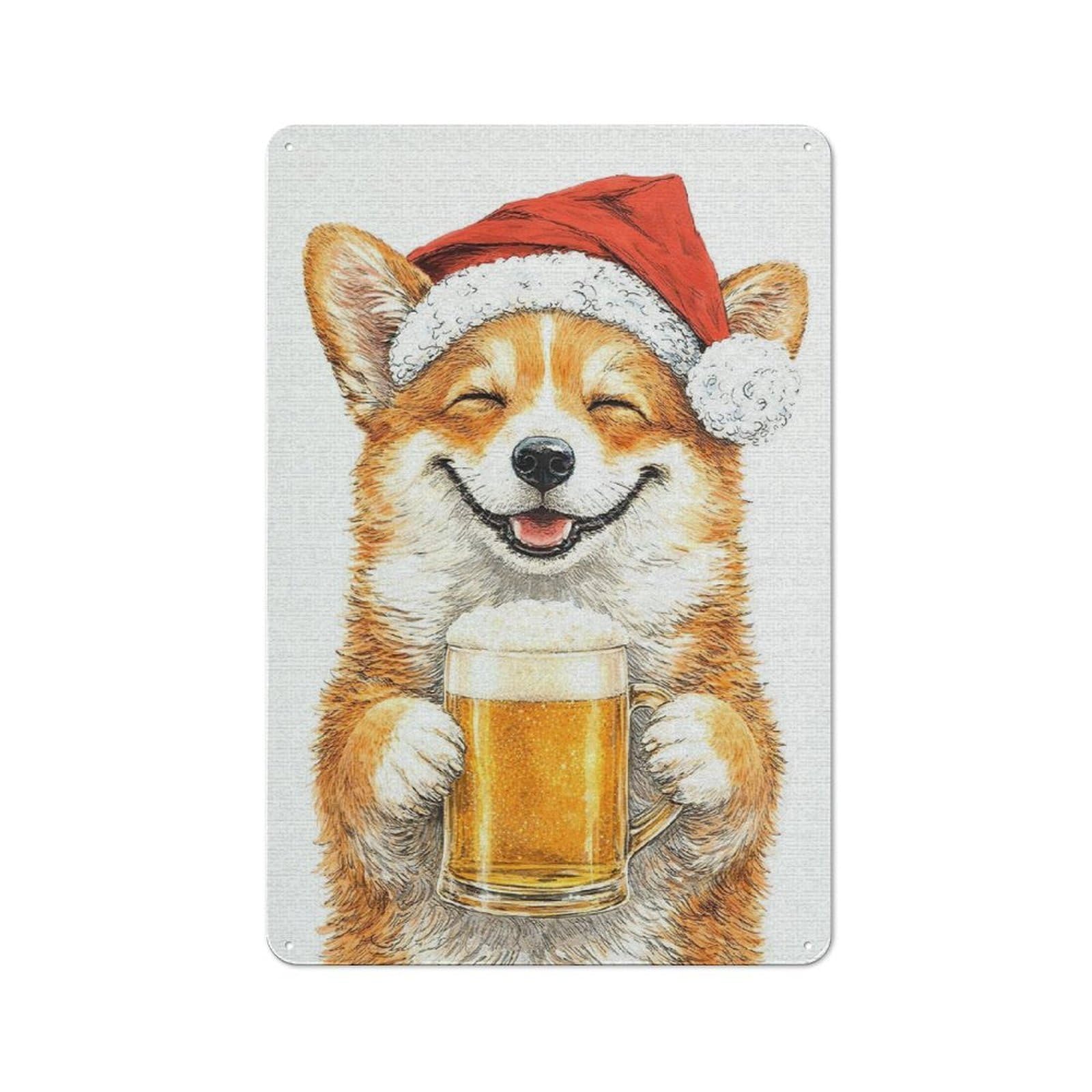 Junmoney Style-19 Workshop Style Garage Metal Sign 30X20cm Featuring Corgi In Santa Hat With Beer, Industrial Wall Art For Garage, Hobby Room, Office Or Man Cave