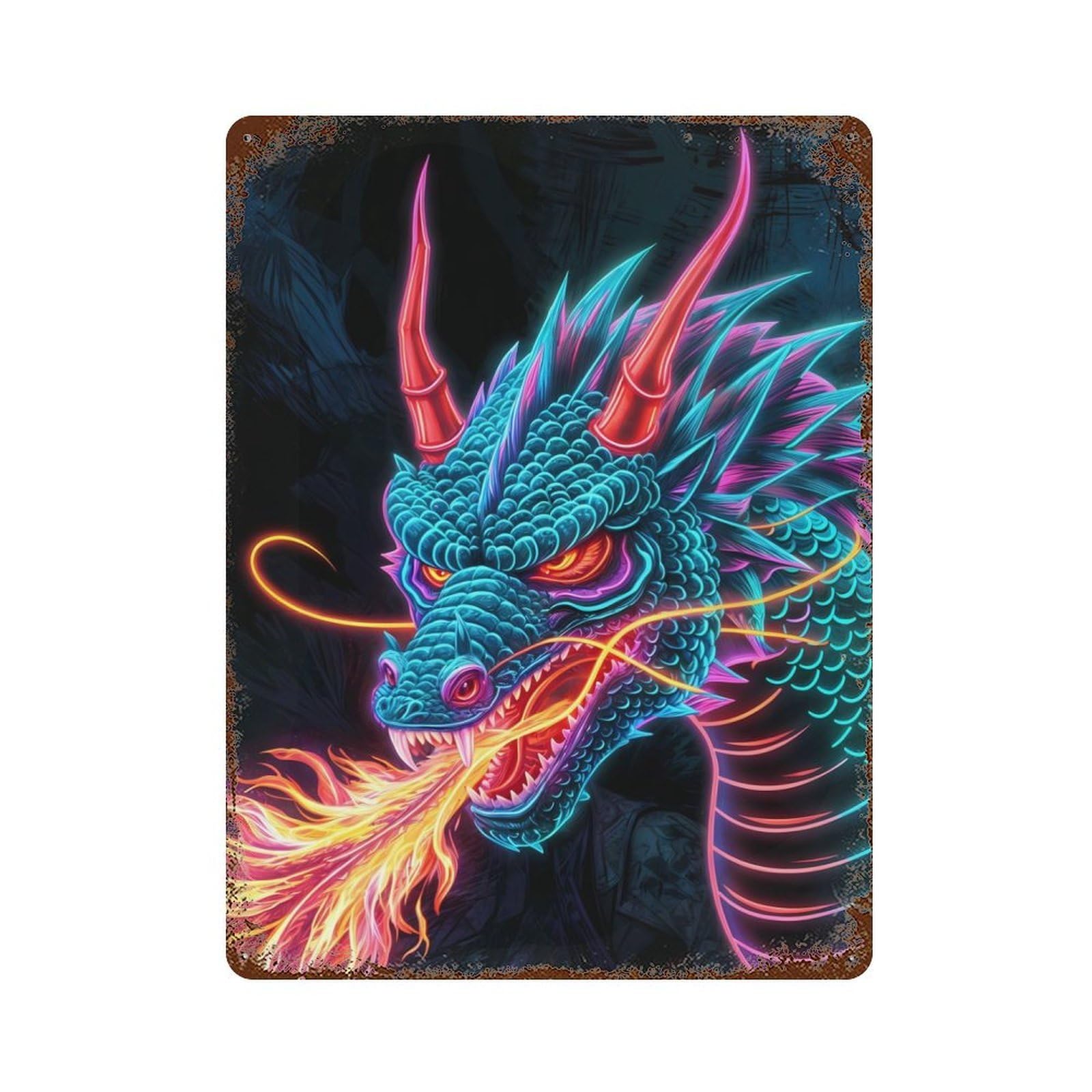 Dragon Neon Rusty Metal Tin Sign 15.7"x11.8", Classic Wall Plaque for Pub, Kitchen And Man Cave Decor