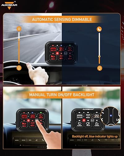 Miniatura 12 de Auxbeam Panel de interruptores de 6 bandas BC60, sistema de relé de control de circuito universal, interruptor LED regulable automático, panel