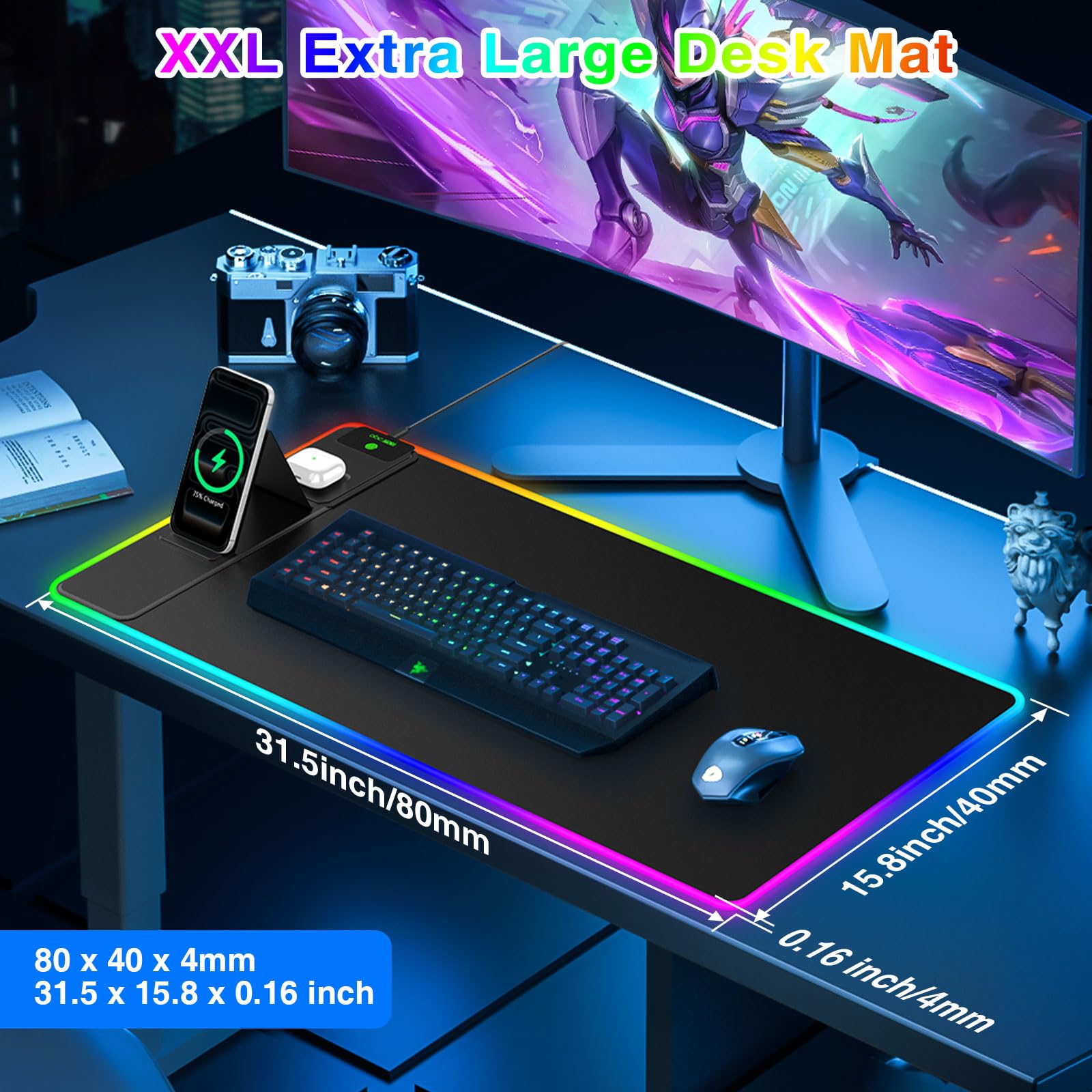Tappetino per mouse da gioco XXL RGB LED con caricabatterie wireless magnetico e supporto pieghevole per telefono, 80 x 40 cm, tappetino da scrivania ultra liscio, 25 effetti di luce, base antiscivolo