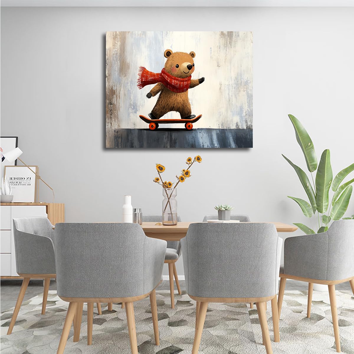 Via Vela Sculptures murales en toile d’ours en skateboard illustrations ludiques d’animaux de nursery affiches modernes pour chambre salon décoration intérieure 50x60cm