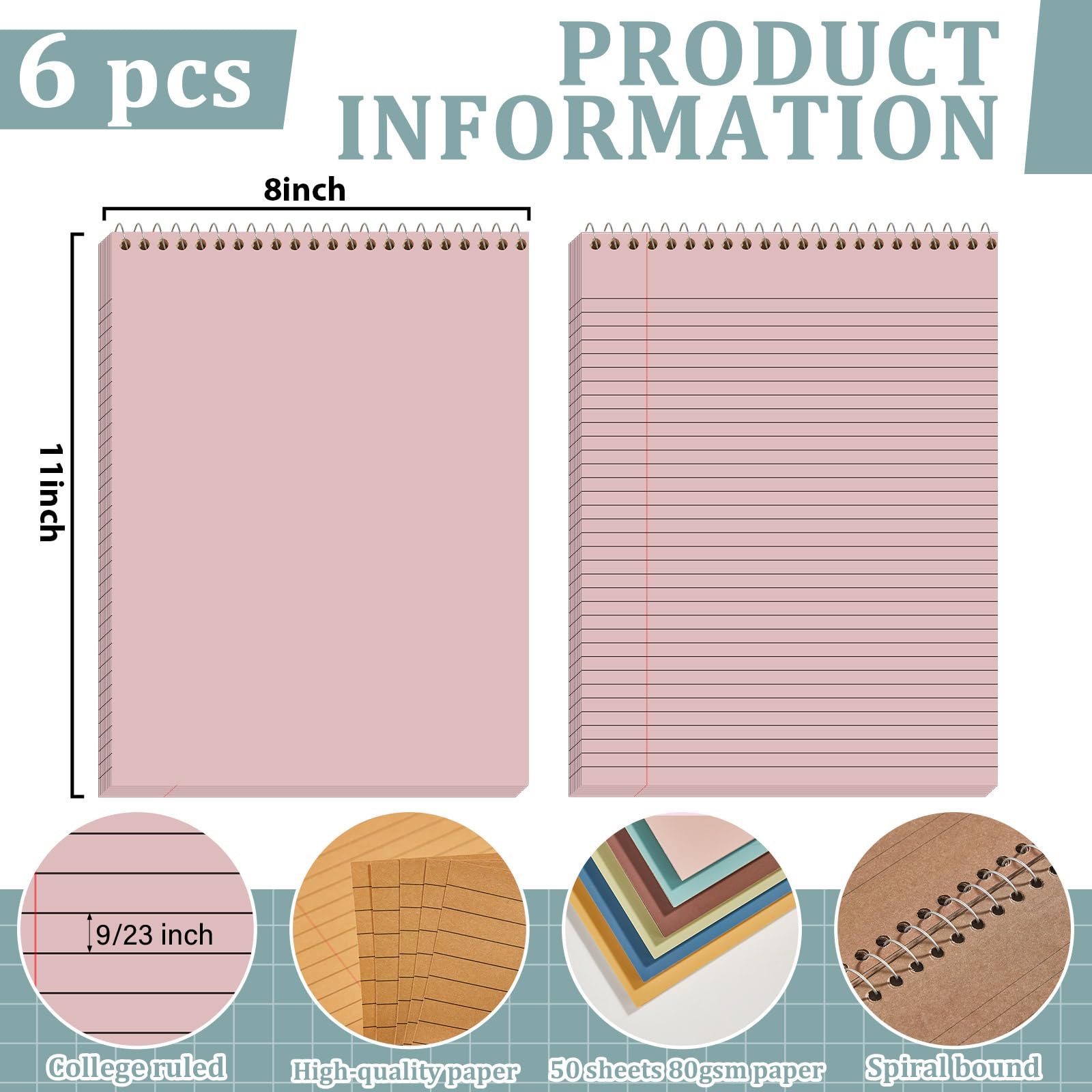 gisgfim 6 Pcs Boho Top Bound Spiral Notebooks 8-1/2" x 11" College Ruled Aesthetic Legal Pad Steno Pads Paper Notebook Wirebound Notepad for Writing School Office Business Supplies