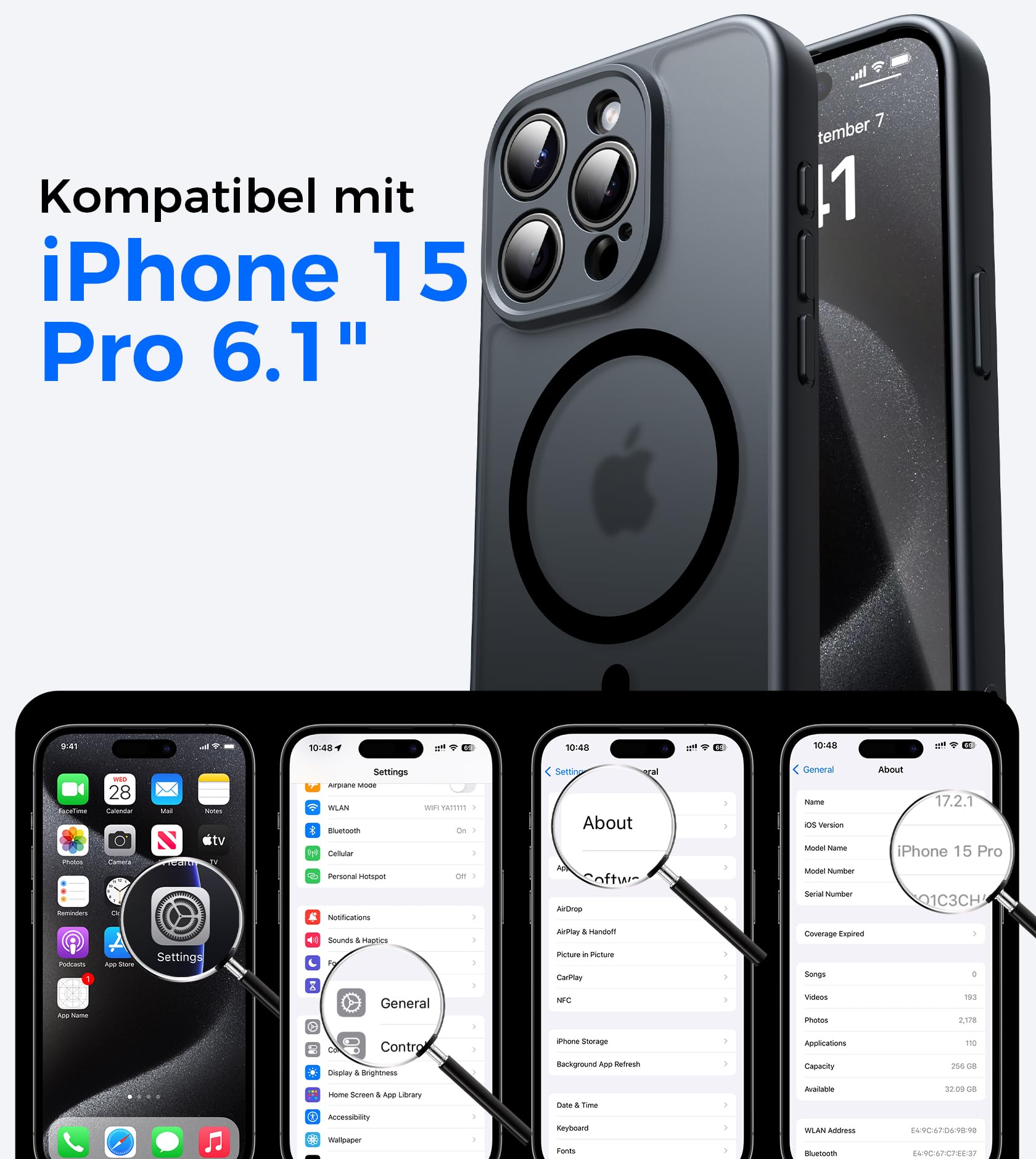 Natiiozie Cover Magnetica per iPhone 15 Pro Compatibile con MagSafe, Protezione Fotocamera Integrata Antiurto, Traslucida Opaca Posteriore Protettiva Case iPhone 15 Pro Custodia 6.1", Nero