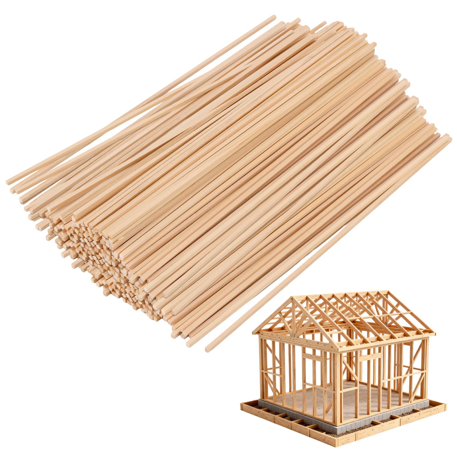 LEXININ 200 Pcs 300x3mm Square Wooden Sticks, 30cm Unfinished Wood Dowel Strip for Craft Art DIY Woodcraft Model