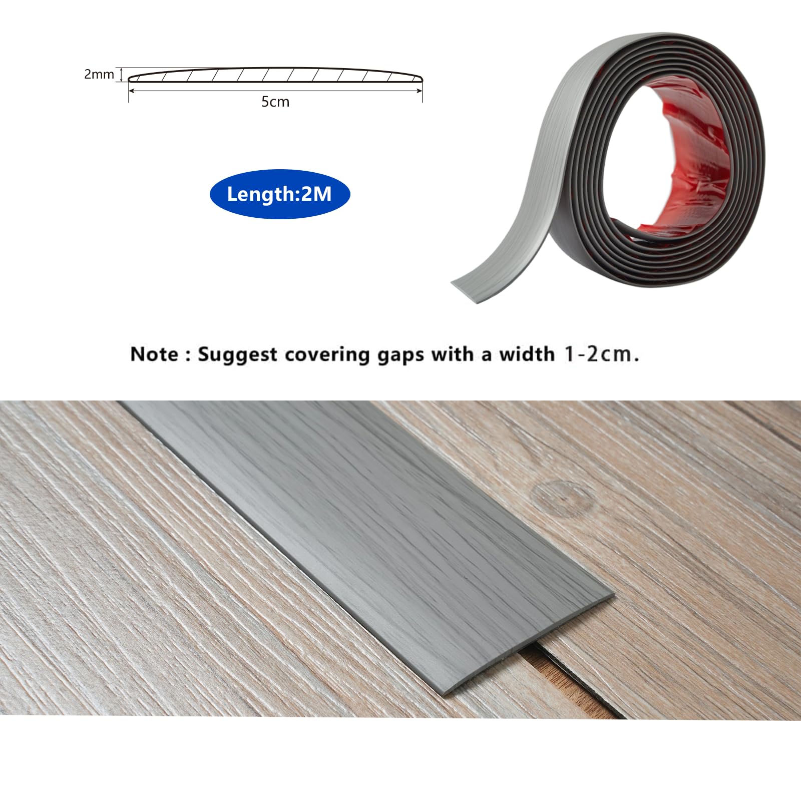 Perfil de transición de suelo plano, autoadhesivo, 2 mm de grosor, 5 cm de ancho, perfil de transición para umbrales de puerta, vinilo laminado, tiras separadoras de suelos, 2 m, grano de madera gris