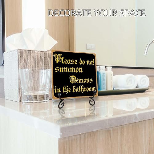 Miniatura 4 de Letrero de madera para decoración de baño, regalos divertidos para la oficina en casa para hombres, con texto en inglés "Please Do Not Summon Demons