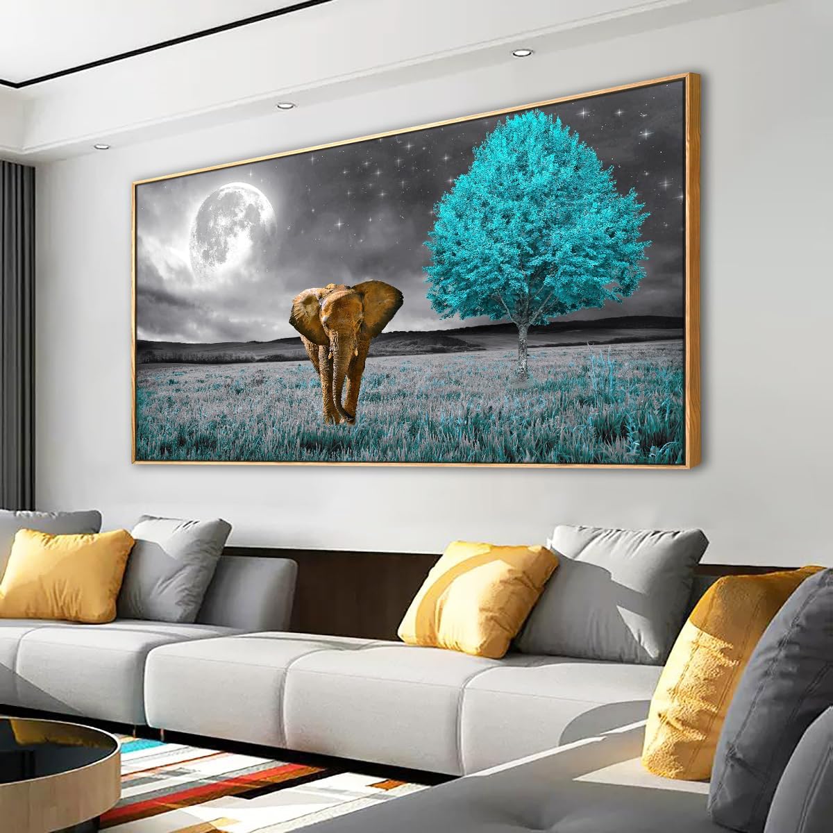 Canvas Wall Art Moon and Tree Picture Prints Paintings for Living Room Home Decor Animal Elephant Landscape Framed Wall Art,20 * 40inch 40"L x 20"W Black and White Background Elephant Moon Blue Tree (2.7cm Framed)