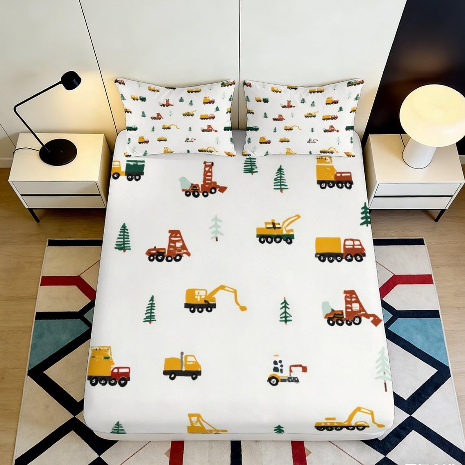 3D Printed Construction Trucks Fitted Sheet Microfiber Deep Pocket Elastic Hem Bedroom Bedding Set Construction Mattress Fitted Cover Washable 140x200x25cm