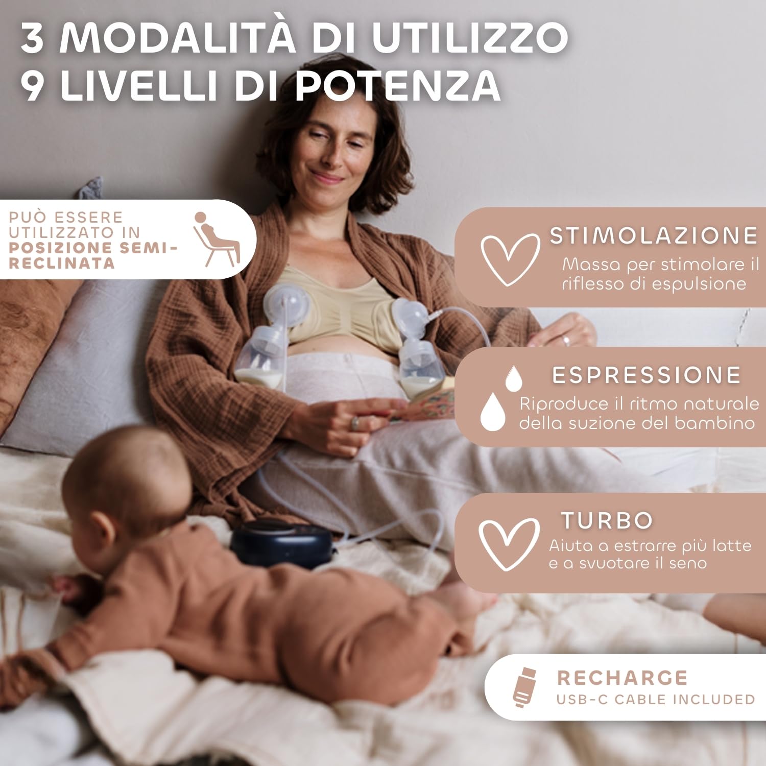 BÉABA, Tiralatte elettrico doppio, Uso semi-estensivo, 3 modalità, 9 livelli, Silenzioso, Grande capacità 180mL, Luce notturna, Timer, Funzione memoria, 6 sessioni, Ricarica USB C, Blu notte