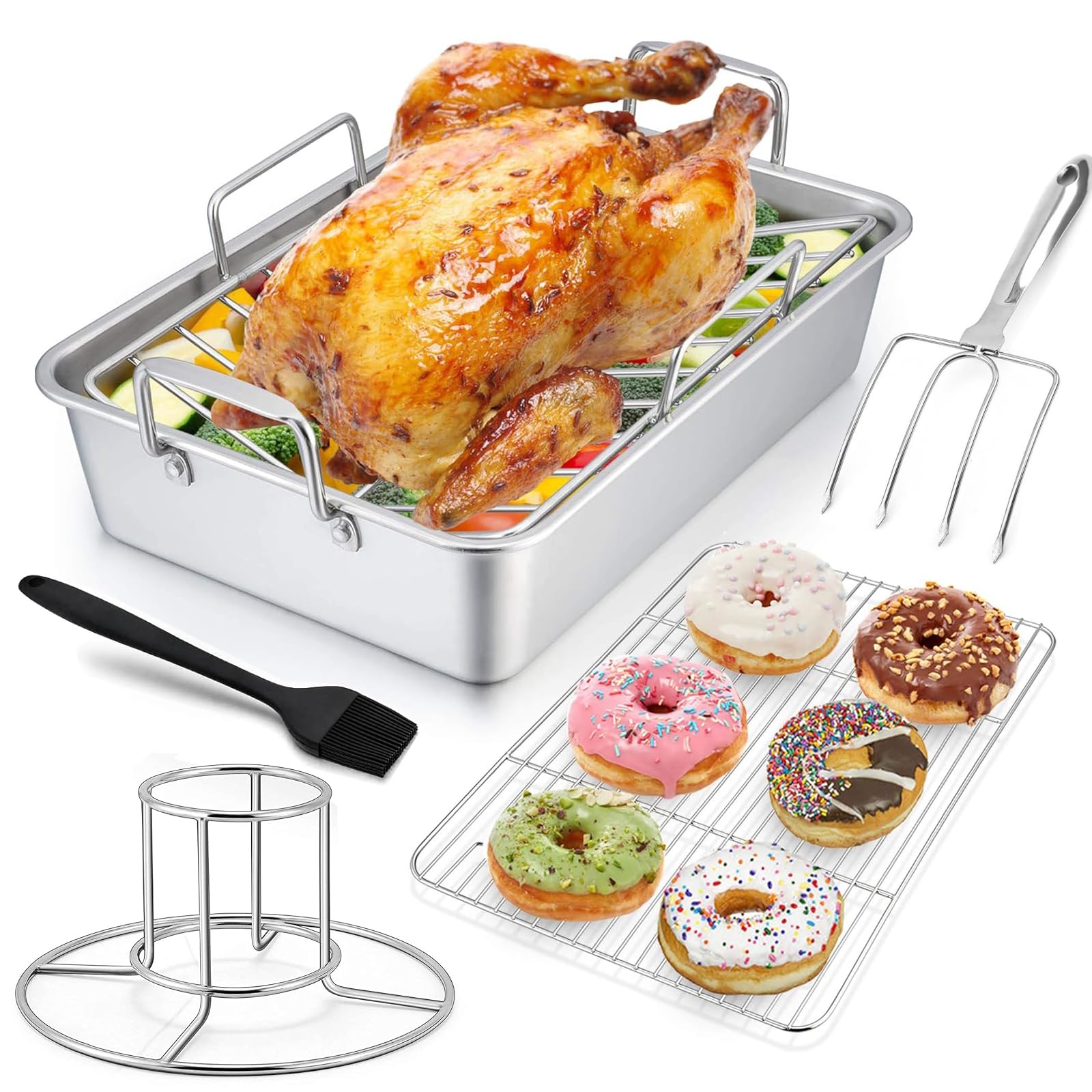 Bandeja para Horno con Rejilla, Bandeja Horno de Acero Inoxidable con Rejillas Planas y en Forma de V, Tenedor para Asar, Soporte de Pollo Asado y Brocha de Aceite de Silicona