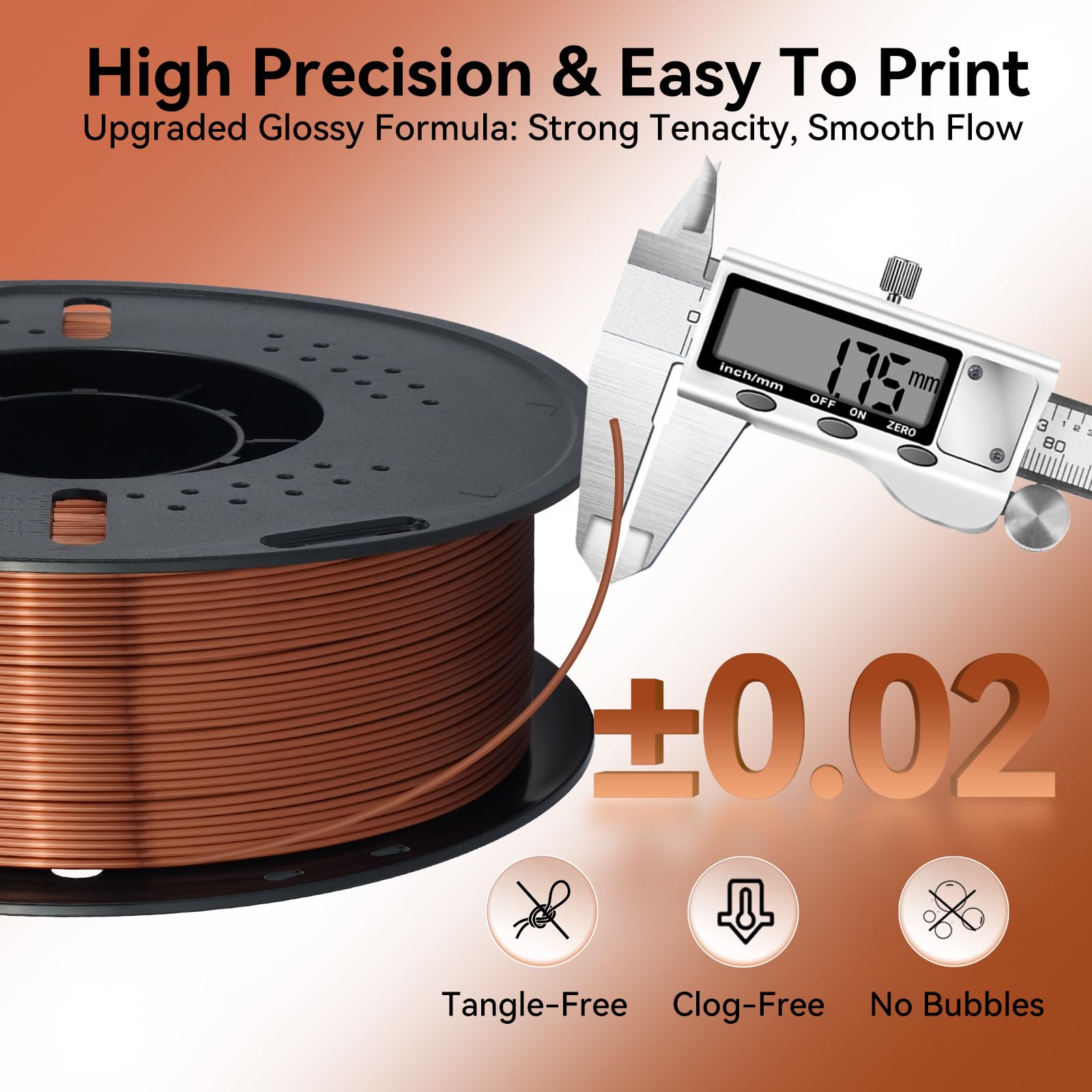 Filamento de seda PLA para impresora 3D, precisión dimensional +/- 0.03 mm, carrete de 1 kg (2.2 libras), filamento PLA brillante de 1.75 mm (cobre)
