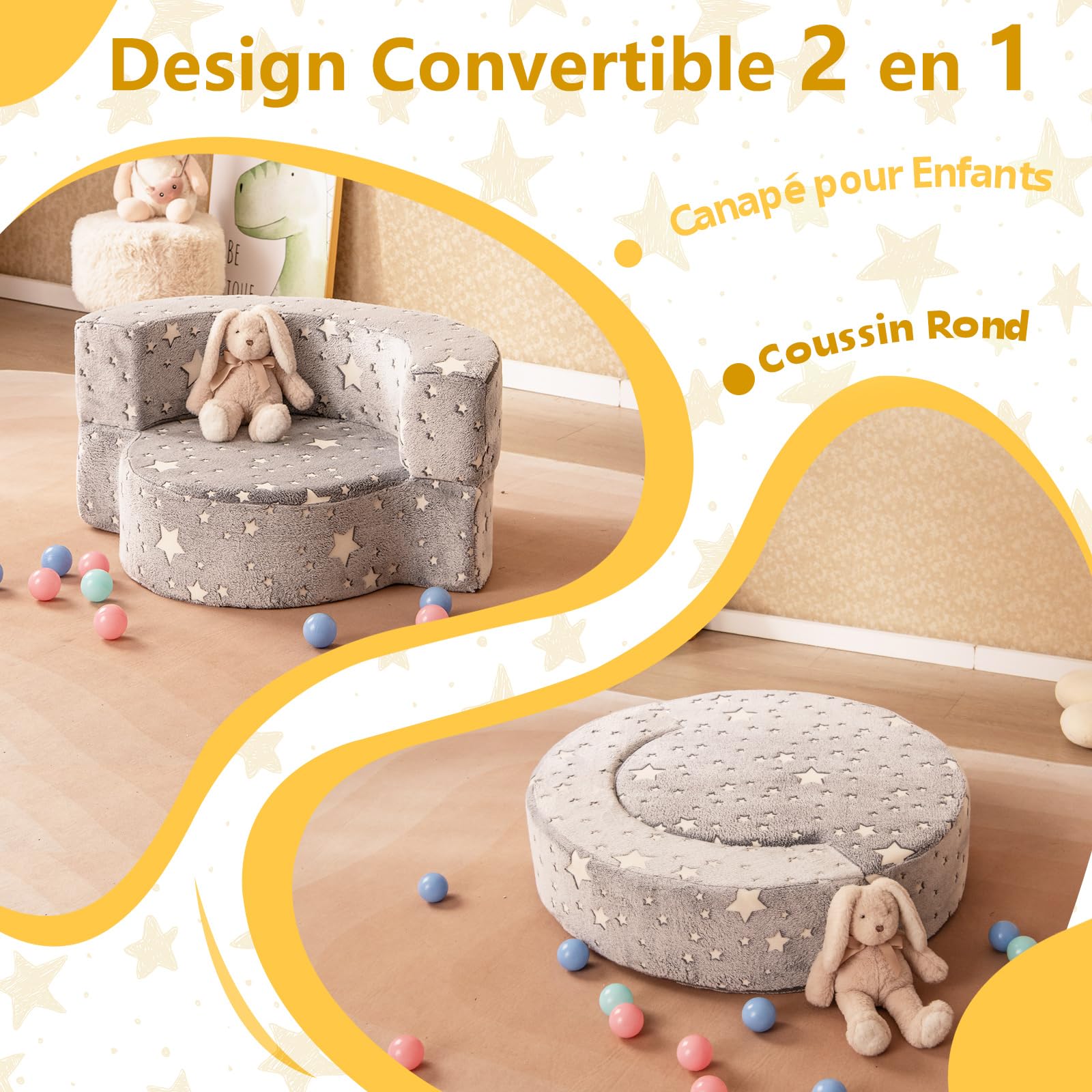 COSTWAY Canapé Convertible Enfant Lumineux avec Motif Étoile, Fauteuil Enfant Convertible en Tissu Flanelle avec Housse Lavable, Canapé Modulaire Phosphorescent pour Garçon et Fille de 3 Ans+