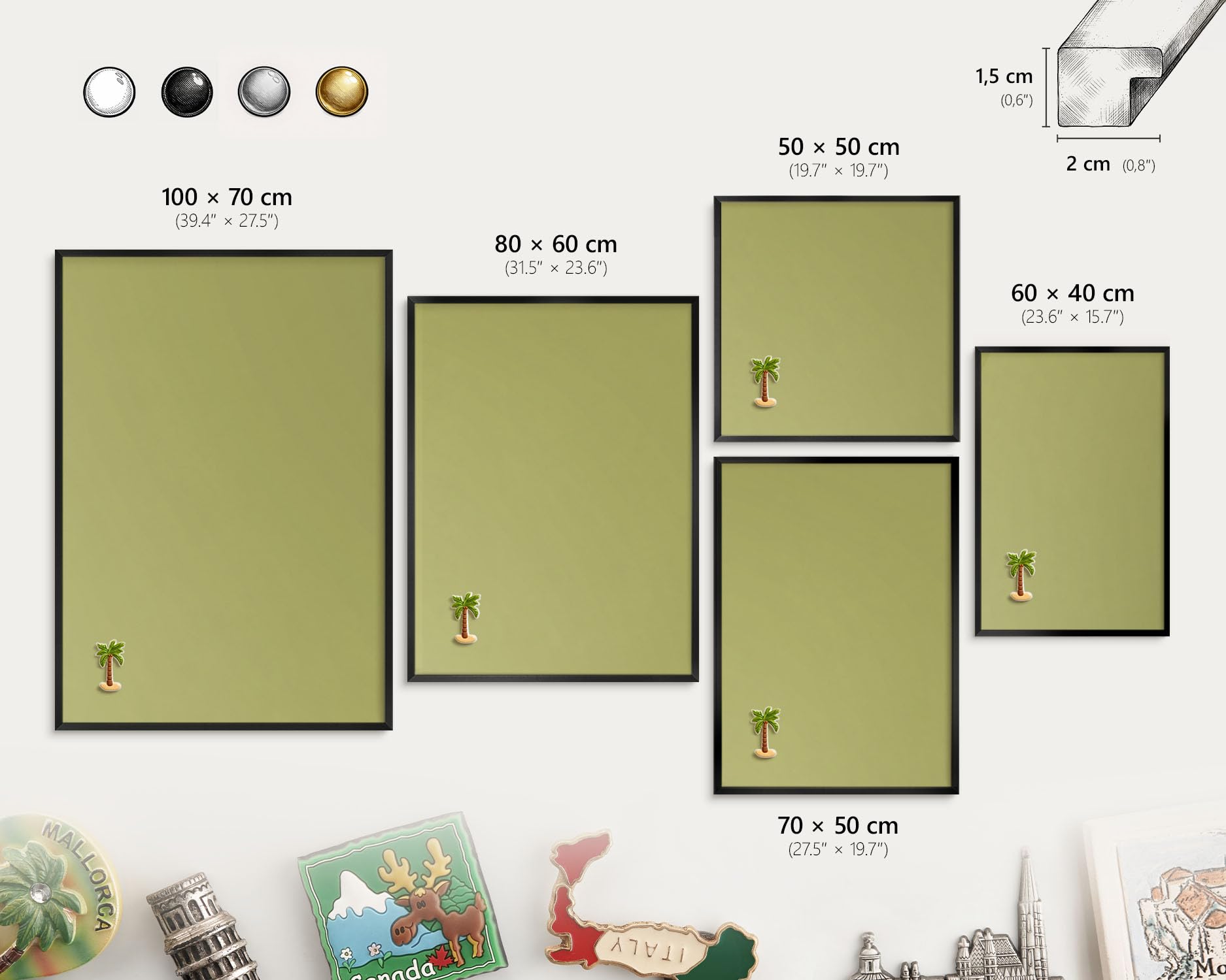Pizarra Magnética de Pared 60x40 cm | con Marco Negro | Verde Vintage | Montaje Fácil | Tablero Imantado | Para Imanes Turísticos, Recuerdos de Viaje y Fotos
