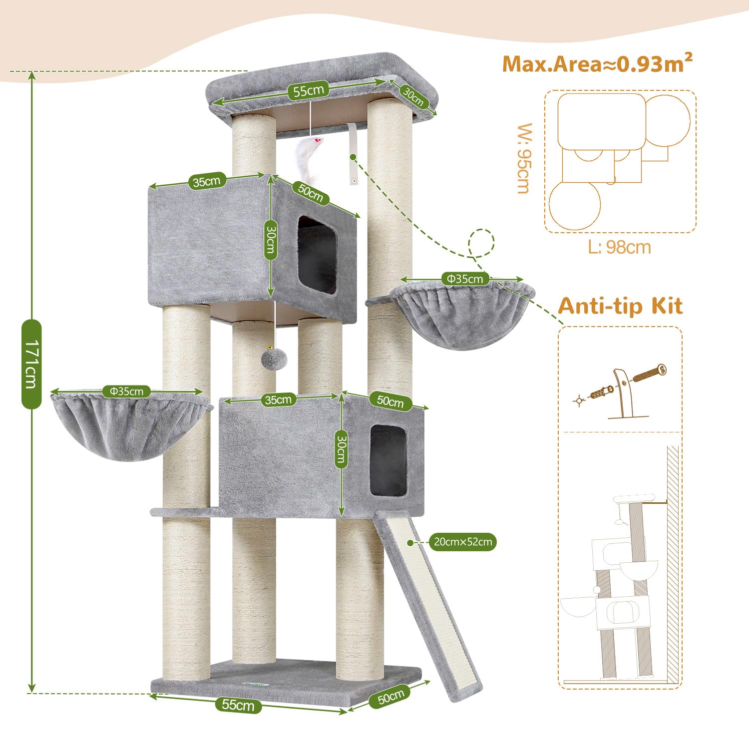 Globlazer Arbre a Chat Gros Poteaux 11 cm, Arbres à Chats XXL Maine Coon avec 2 Spacieuse Niches, Plateforme Rembourrée, Rampe en Sisal, Stable Arbre à Chat 170 cm pour Gros Chat (S67, Gris Clair) - 3