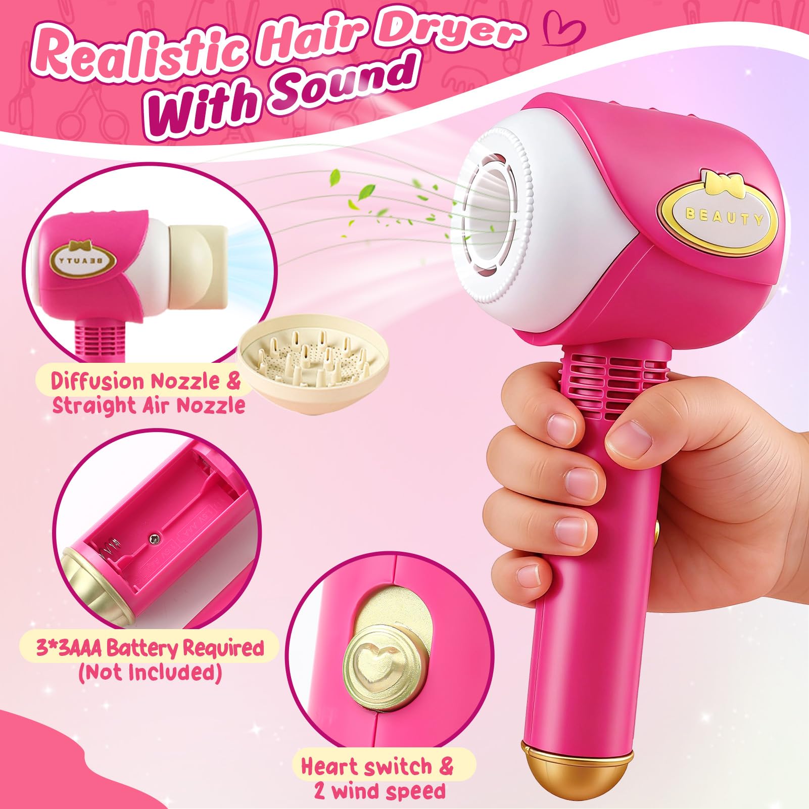 Friseur Set Kinder Spielzeug Geschenke für Mädchen 3-6 Jahre, Friseurkoffer Haarstyling Zubehör mit Haartrockner Lockenstab Schere Kamm Haarschmuck Rollenspiel Spielzeug für Mädchen ab 3 4 5 6 7 8