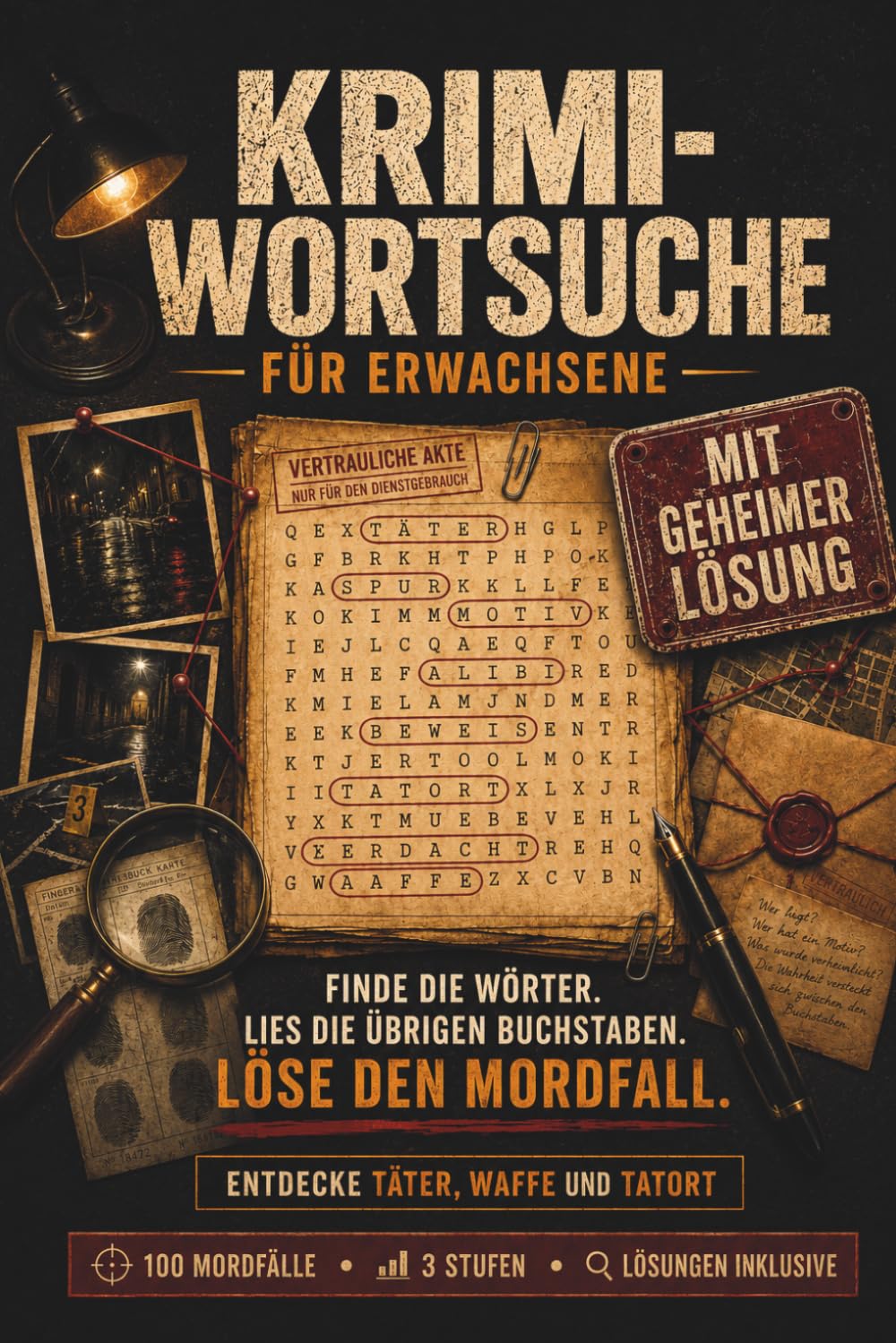 Krimi-Wortsuche für Erwachsene: 100 Krimi-Wortsuchrätsel zum Lösen von Mordfällen – Rätselbuch mit übrigen Buchstaben, Verdächtigen, Spuren und Lösungen