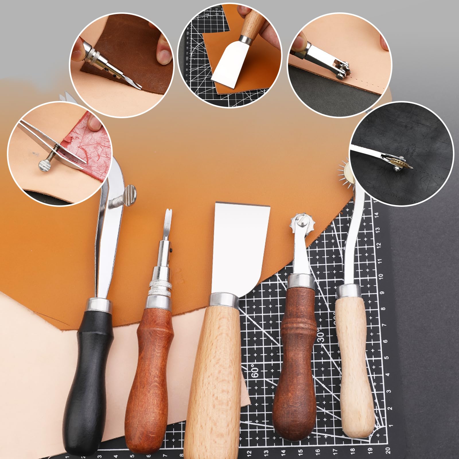 Kit Lavorazione Pelle Per Principianti | 50+ Attrezzi Per Cucire, Timbrare E Forare | Set Completo Fai Da Te - Foto 6