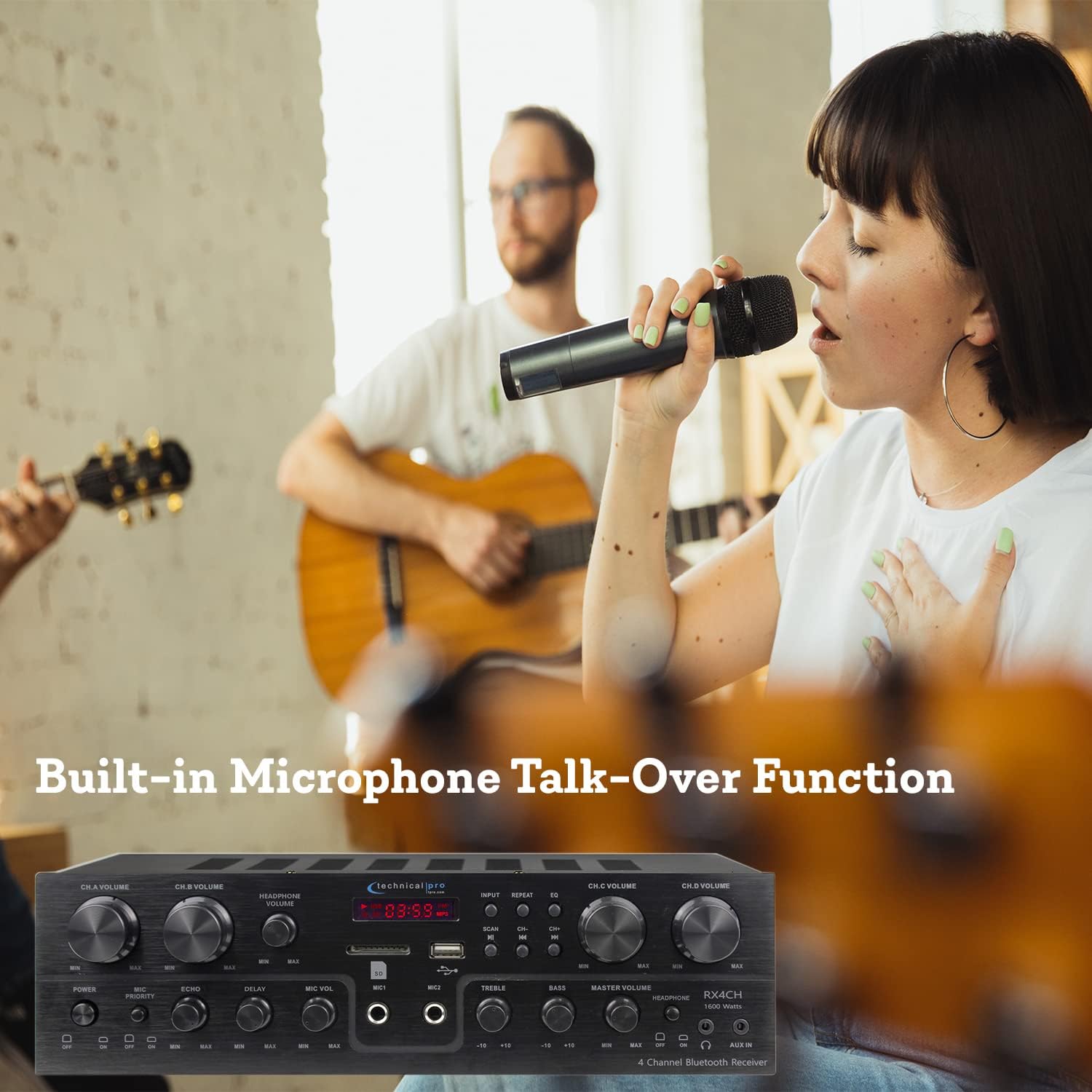 Image showing a person singing into a microphone with the receiver in the foreground, illustrating the talk-over function.