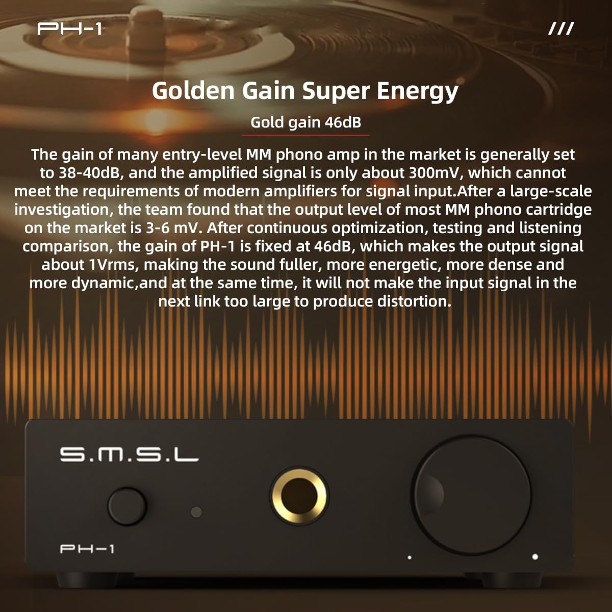 S.M.S.L PH-1 Phono Preamp for MM Turntable, MM Phono Amp Preamplifier for Phonograph Record Player Active Speakers, RCA/6.35mm Headphone Amplifier Pre-amp with Gain 46dB DC5V Power