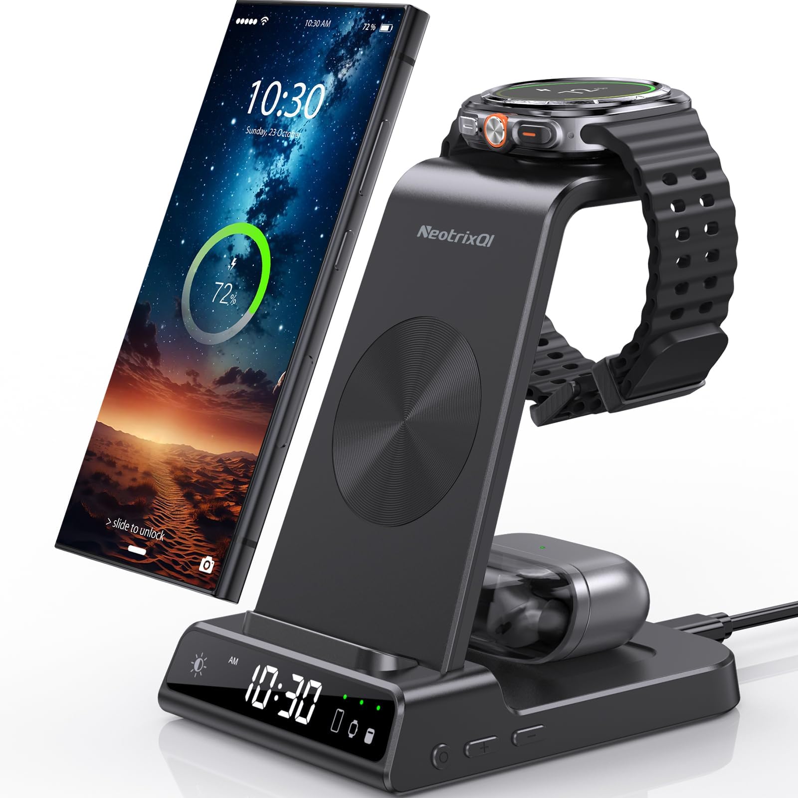 Wireless Charger for Samsung Charging Station: 3 in 1 Android Charging Stand with Dimmable Clock - Nightstand Organizer for Galaxy S25 Ultra, Galaxy Watch 8 7 6 5 4, Galaxy Buds, Space-Saving Charger