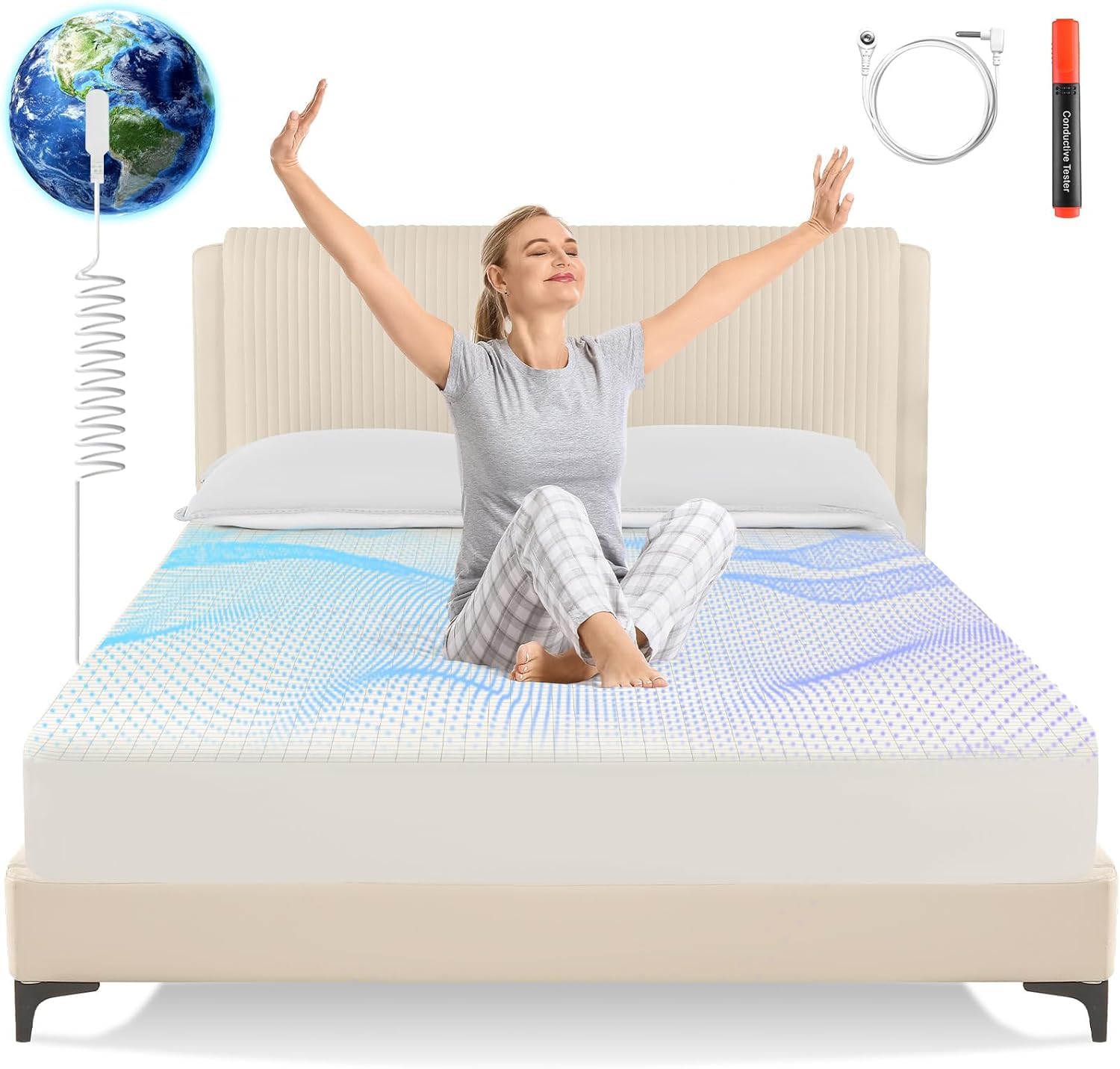 Grounding Sheets Queen Size, Earth Grounded Fitted Bed Sheet with 10% Pure Silver Fiber + 90% Organic Cotton, for Improved Sleep & Wellness (Beige, Queen - 80"x60"x15")