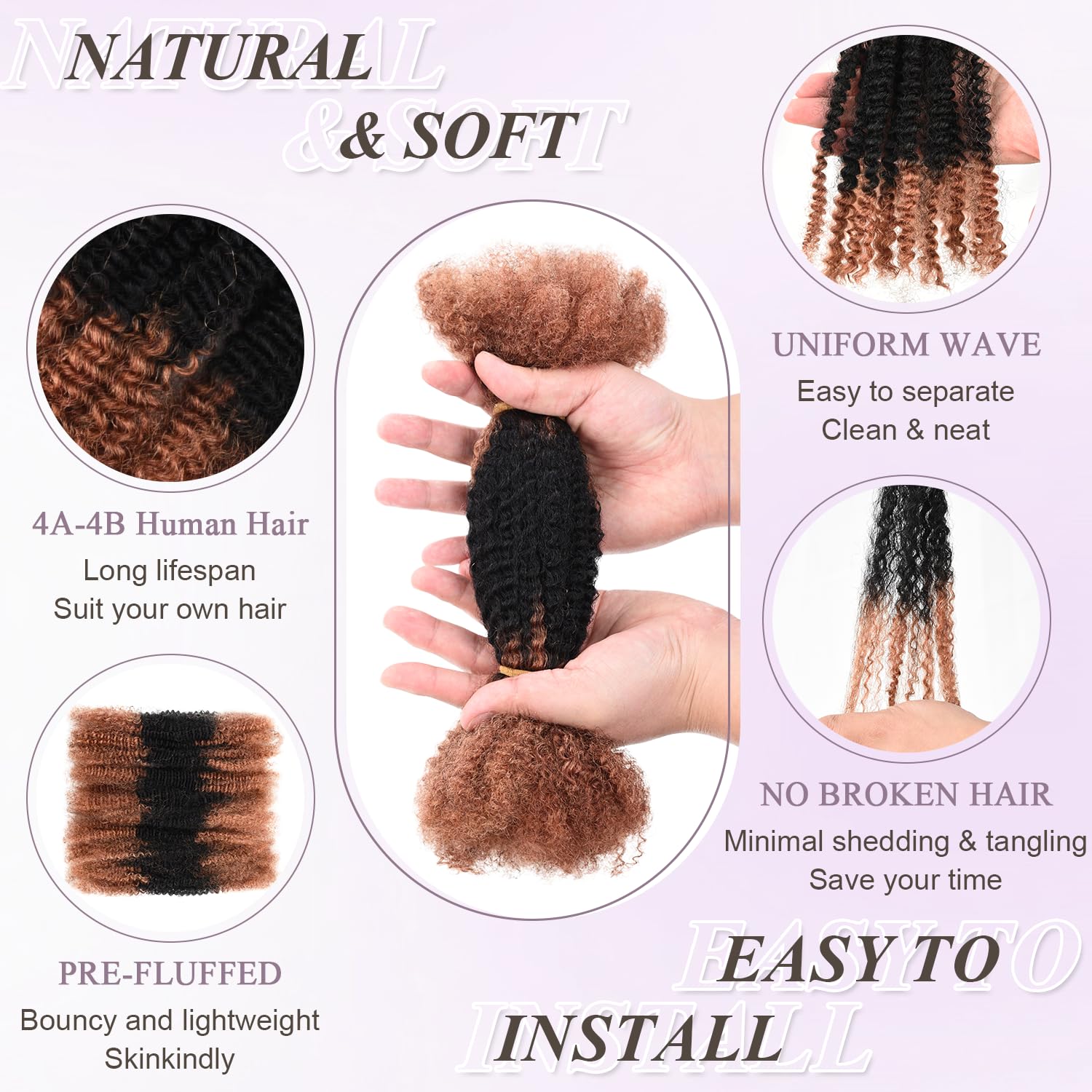 ​Afro Kinkys Bulk Human Hair Kinky-Curly 100% Real Human Hair for Twist, Braiding, Dreadlocks & Sister Locs, Natural Soft Pre Fluffed, Can Be Dyed Bleached (#30/1B/30, 16 Inch)