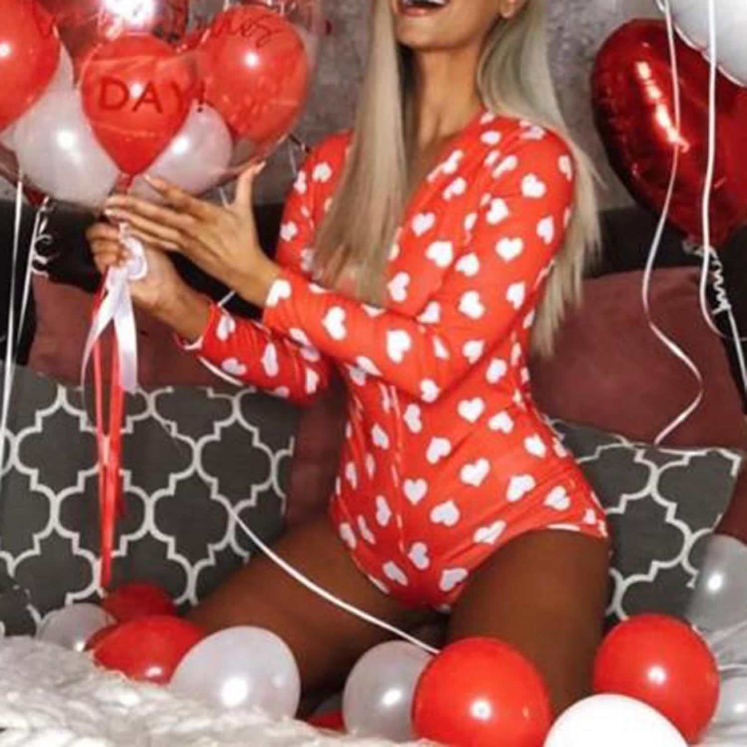 Women Sexy Deep V Neck Rompers Shorts Heart Print Long Sleeve One Piece Bodysuit Pajama Onesie Bodycon Overall - Image 2