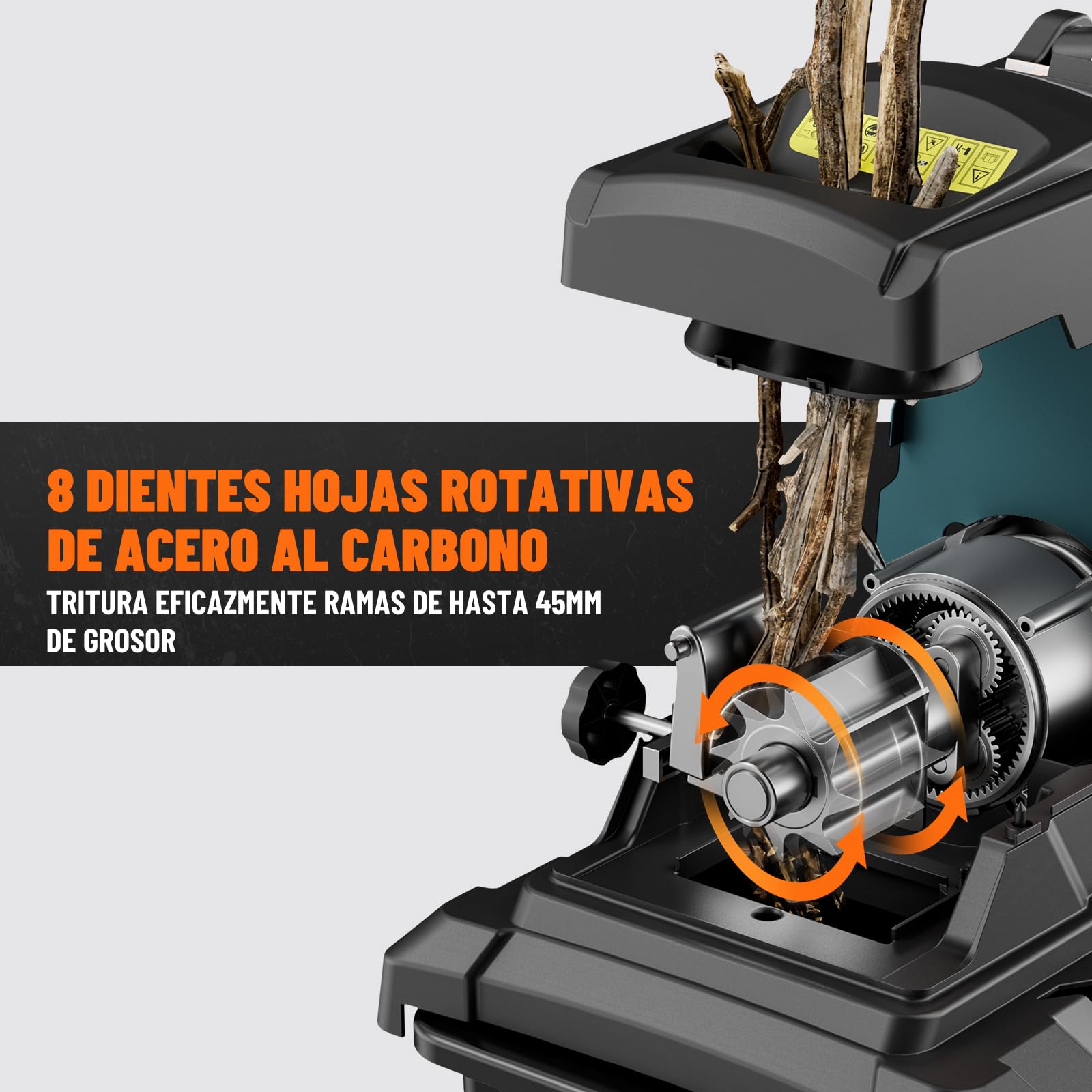 DOVAMAN GT10 Trituradora de Ramas, Motor 2800W sin Escobillas, Rodillo de 6 Dientes, Hasta 45mm, Caja 55L, Silenciosa, Ideal para Jardines - con Protección de Sobrecarga