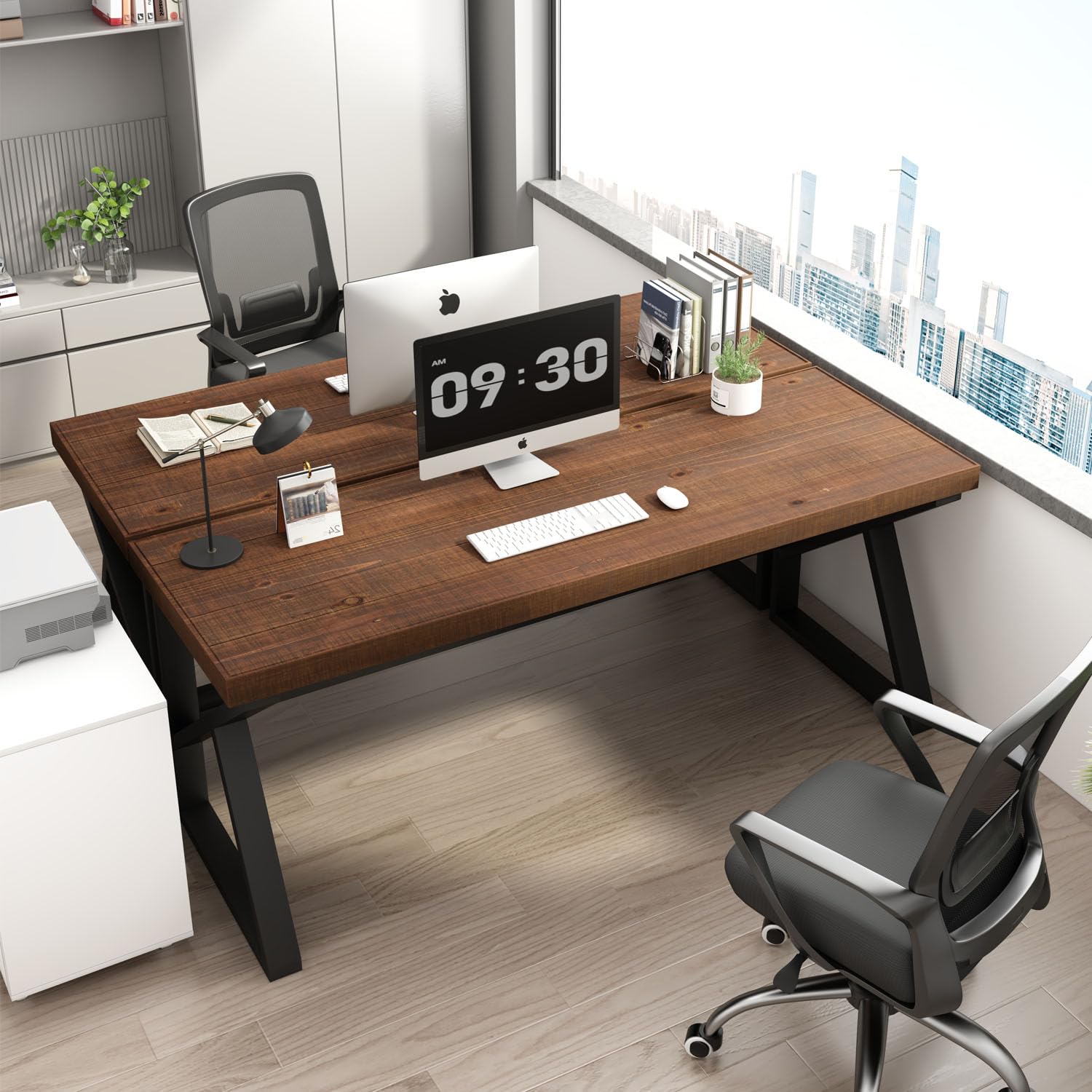 IBF Schreibtisch Massivholz Langer Computertisch Holz Echtholz Schreibtische Für Homeoffice Schreiben Studie Vintage Industriell Holzern PC Gaming Workstation Tish Braun 150 cm