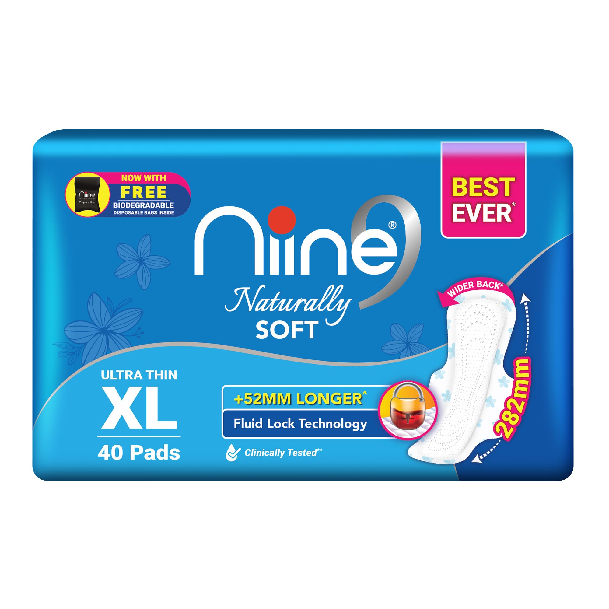Naturally Soft Ultra Thin XL Sanitary Pads (Pack of 1, 40 Pads) | 282mm Long | With Disposal Bag Inside with Fluid Lock Technology upto 100% Leakage Protection