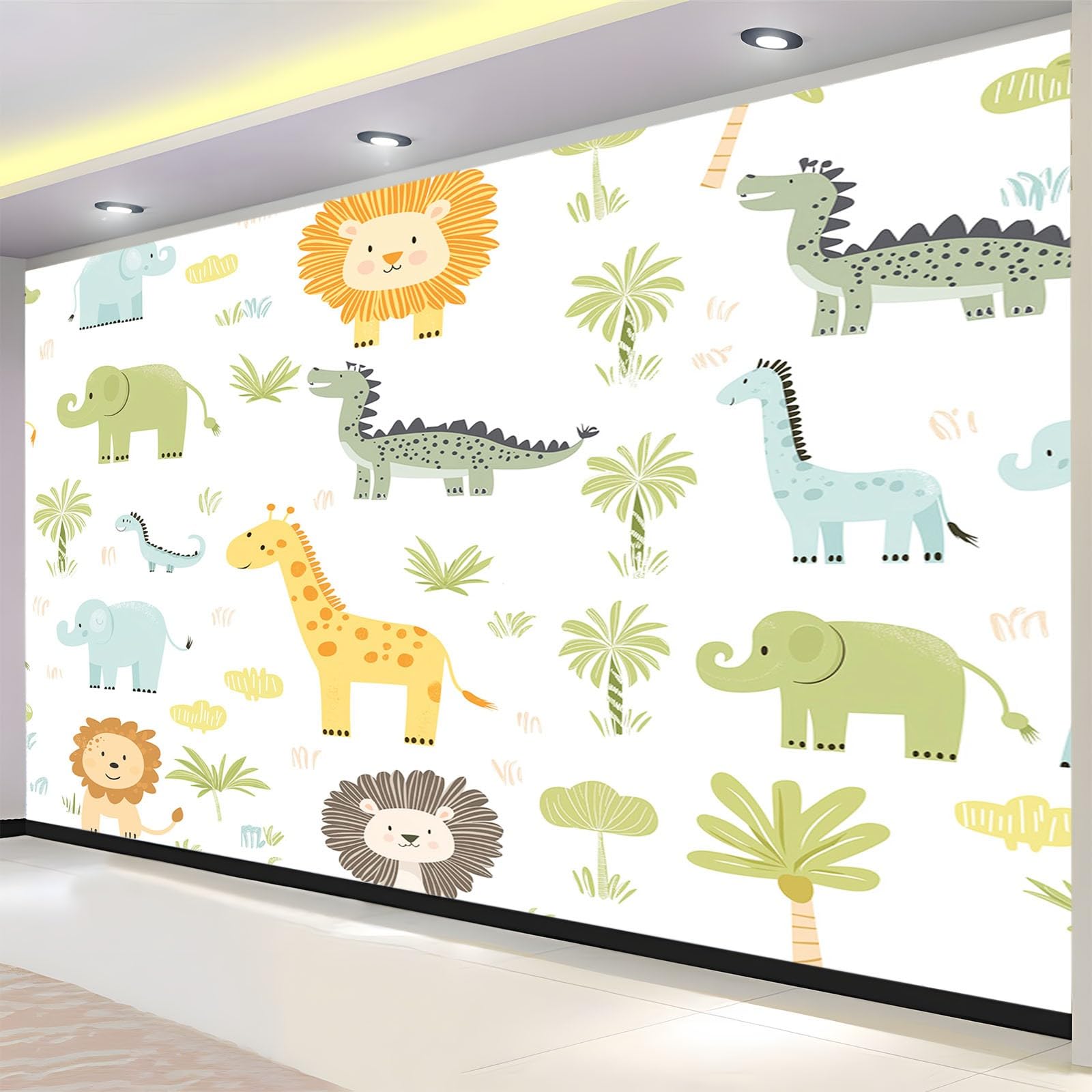 Kreskówka zwierzę lew słoń mural ścienny, kreskówka dinozaury wzór fototapeta, nowoczesna włóknina mural plakat tapeta do salonu lub sypialni dziecięcej, 300 x 210 cm (szer. x wys.)