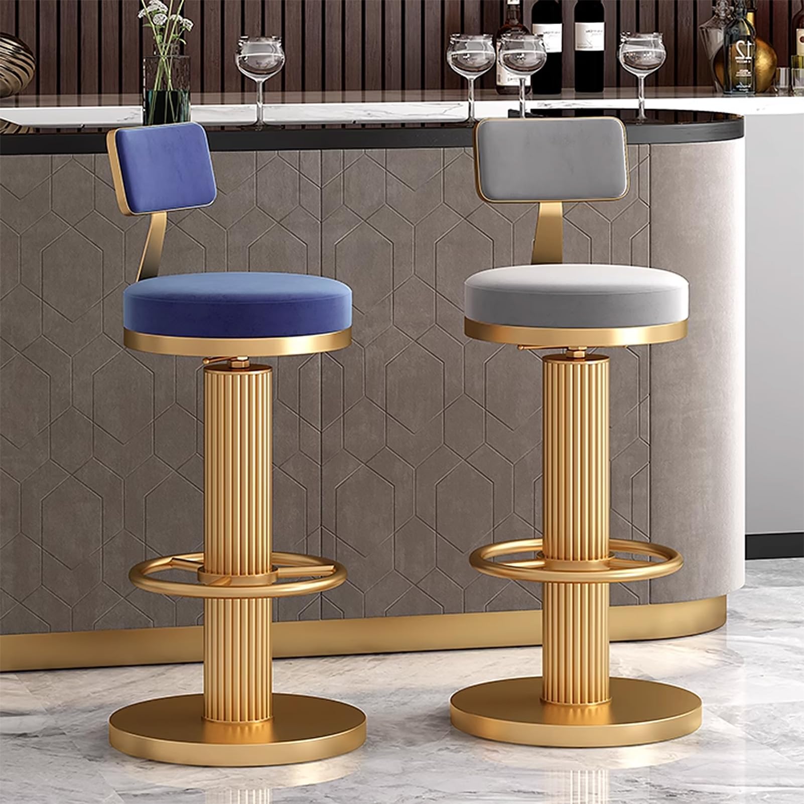 Amazon｜ベルベットラウンドバースツール2個セット、高さ調節可能な