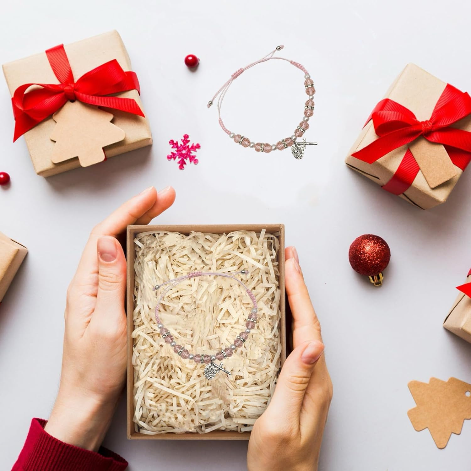 Bovemee 2Pcs Handmade String Miraculous Medal Pink Virgin Mary Bracelets, Crucifix Cross Red Rosary Bracelet Catholic Gift for Women Men - Image 7