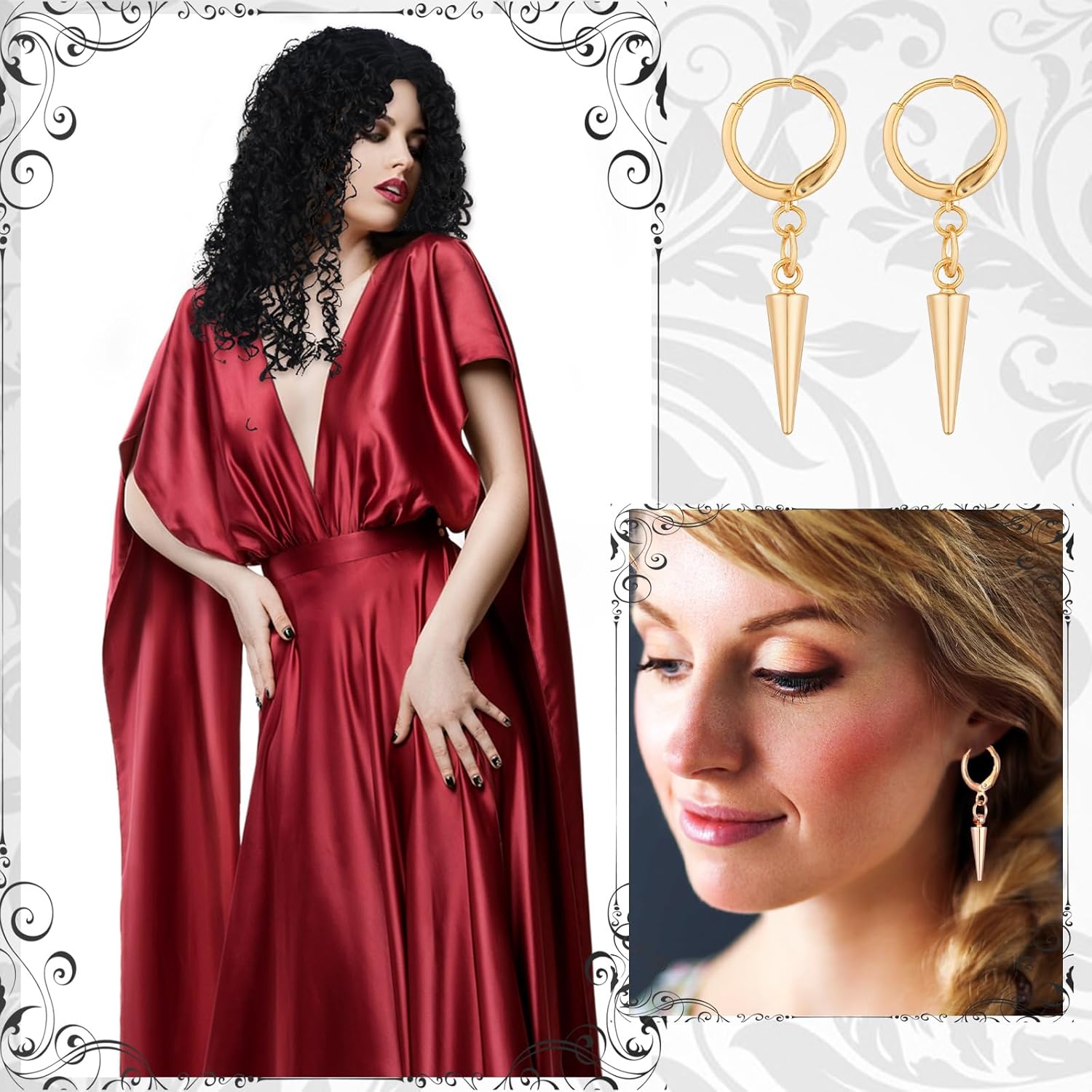 Yinder 3 Pcs Mother Witch Halloween Costume Black Curly Wig Wavy Wig Yellow Flower Gold Cone Earrings Movie Cosplay Costume for Halloween Women Mother Adult Witch Fairytale Party Accessories - Image 4